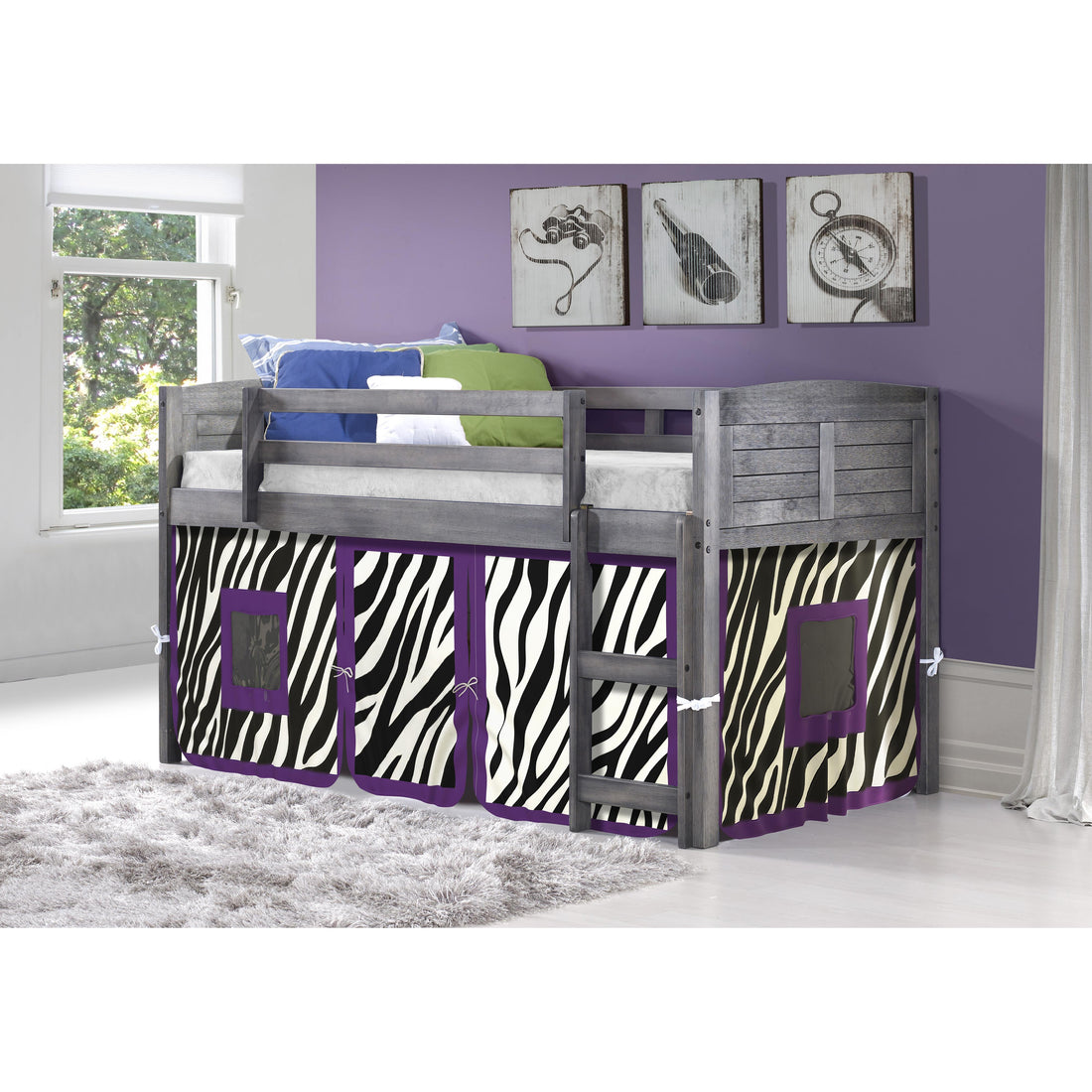 Donco Trading Company Louver 790-AAG_750C-TZ Twin Low Loft Bed with Tent - Antique Grey/Zebra IMAGE 1