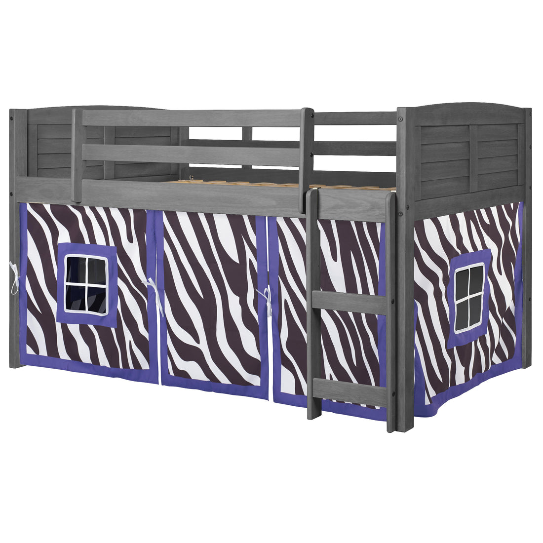  Donco Trading Company Louver 790-AAG_750C-TZ Twin Low Loft Bed with Tent - Antique Grey/Zebra IMAGE 1