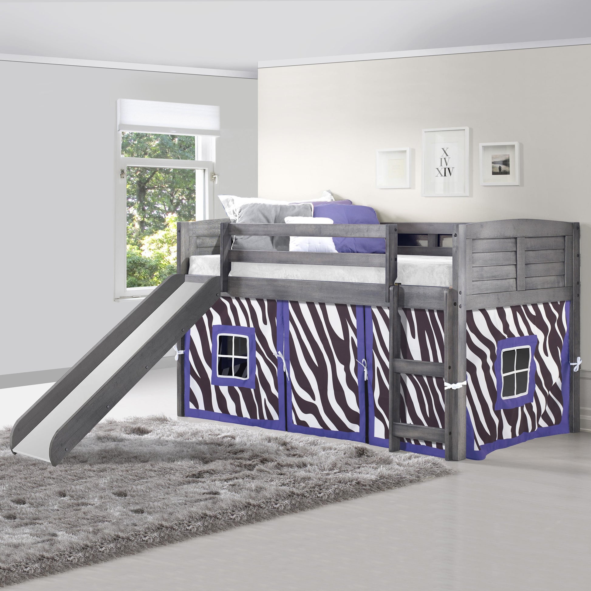  Donco Trading Company Louver 790-AAG_750C-TZ_785-AG Twin Low Loft Bed with Slide & Tent - Antique Grey/Zebra IMAGE 2