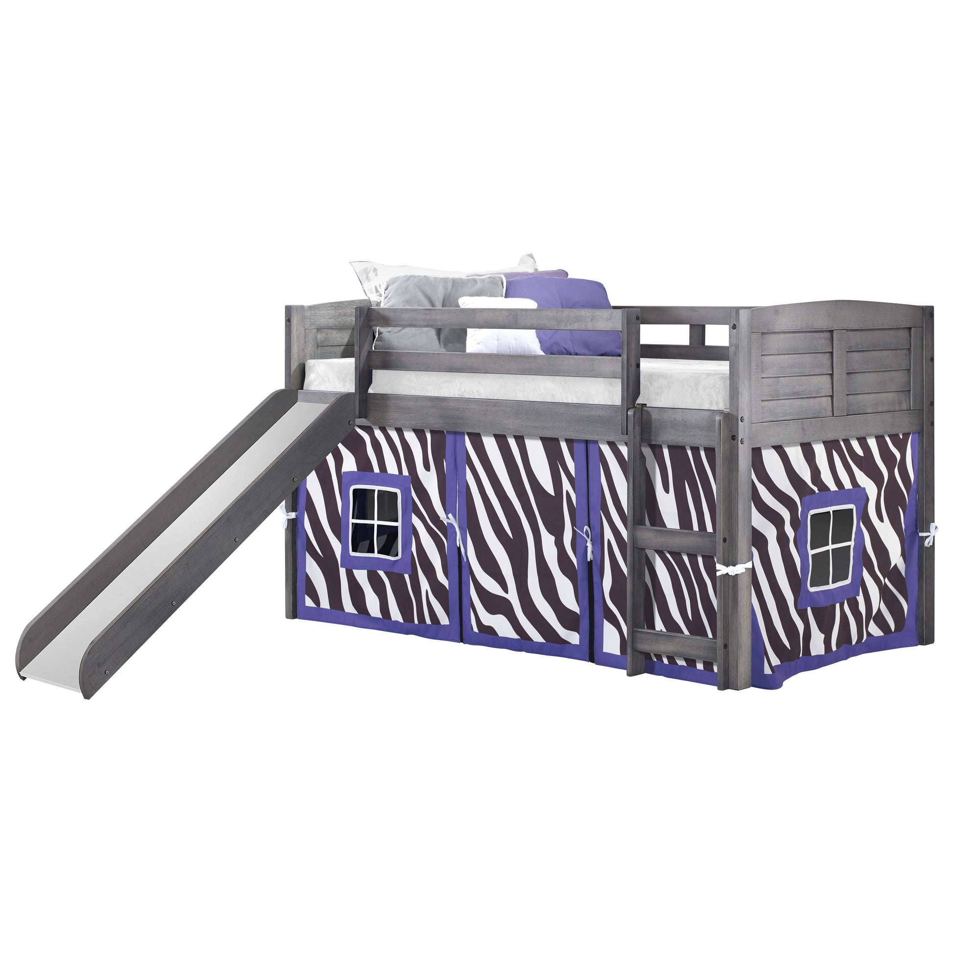  Donco Trading Company Louver 790-AAG_750C-TZ_785-AG Twin Low Loft Bed with Slide & Tent - Antique Grey/Zebra IMAGE 4