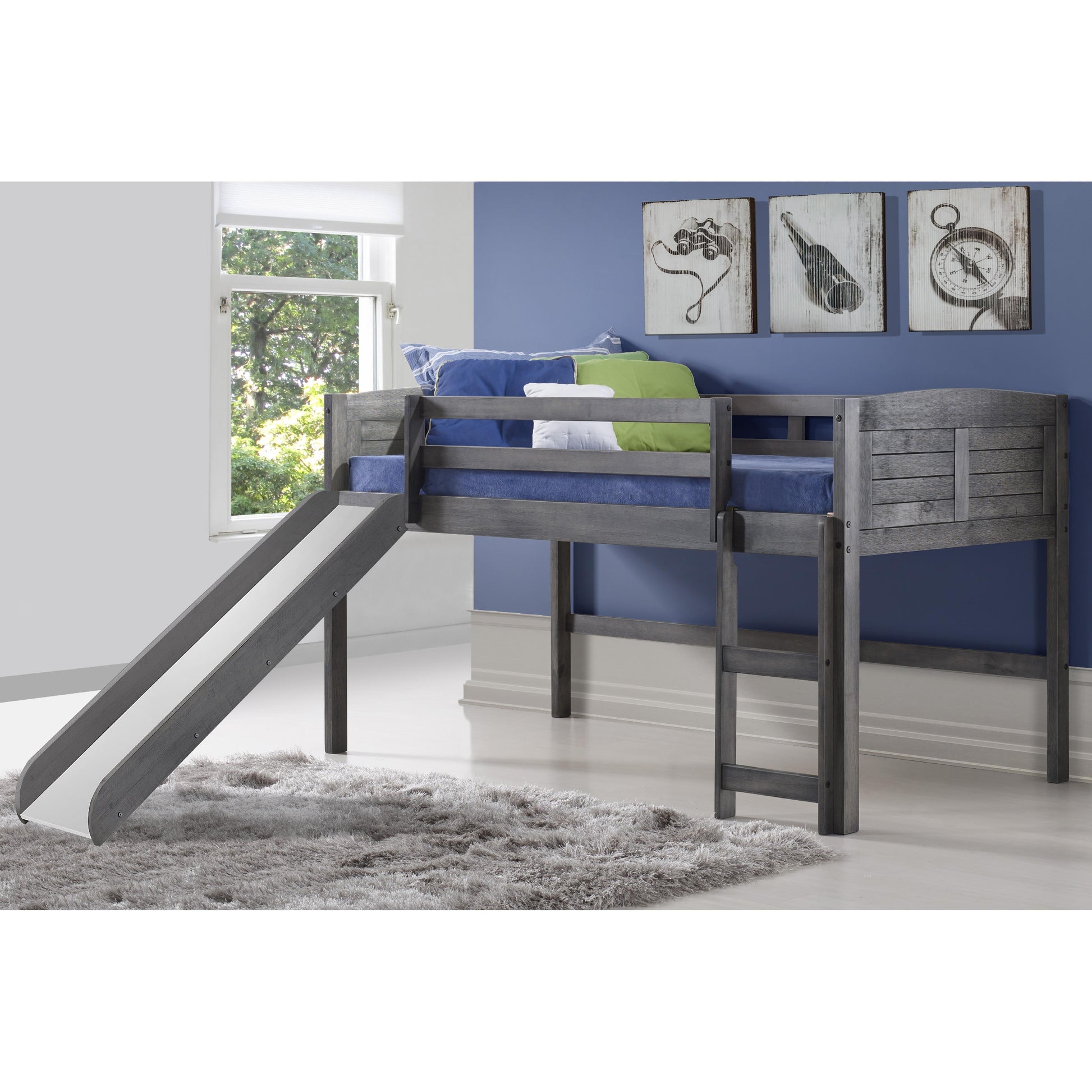  Donco Trading Company Louver 790-AAG_785-AG Twin Low Loft Bed with Slide - Antique Grey IMAGE 1