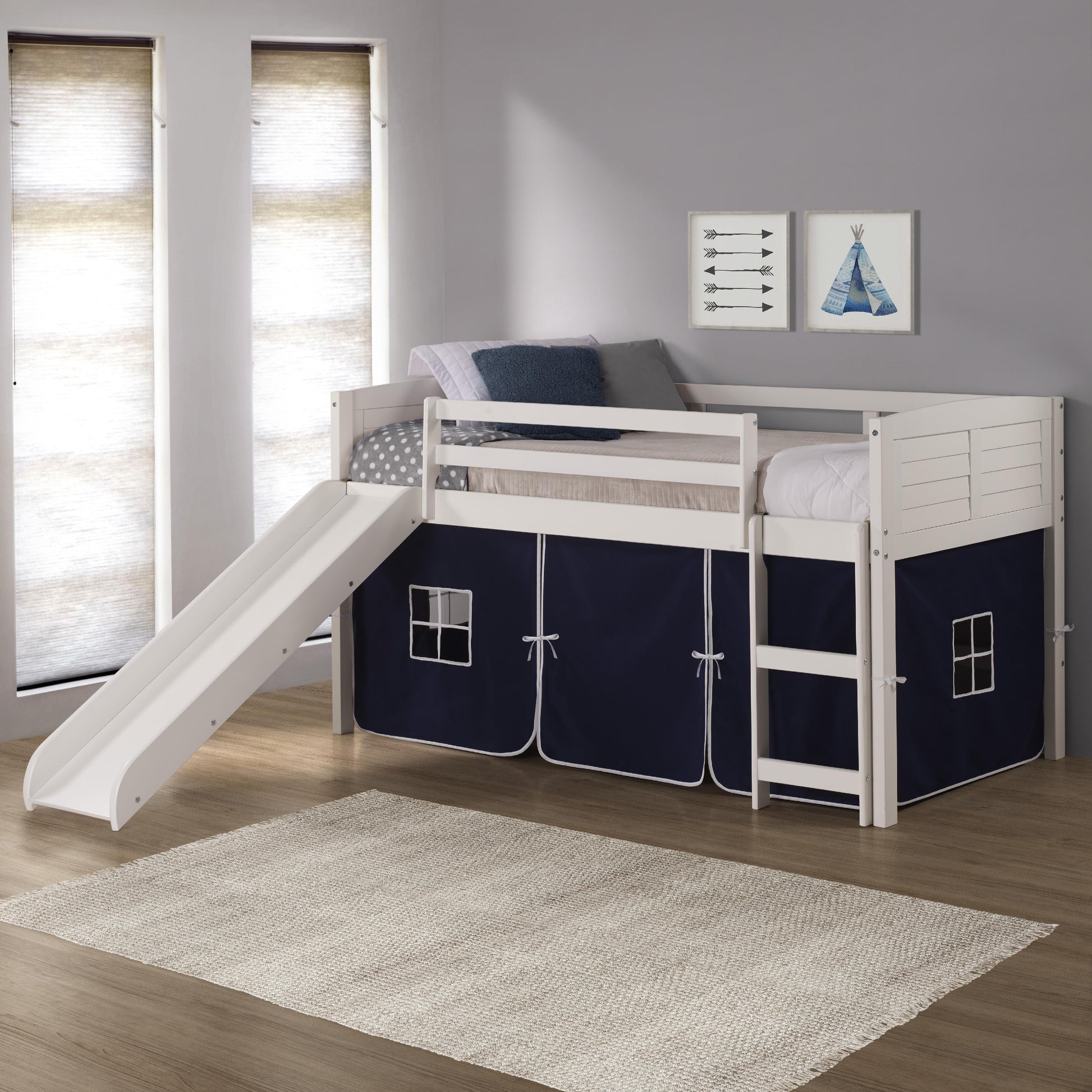  Donco Trading Company Louver 790-ATW_750C-TB_785-W Twin Low Loft Bed with Slide & Tent - White/Blue IMAGE 3