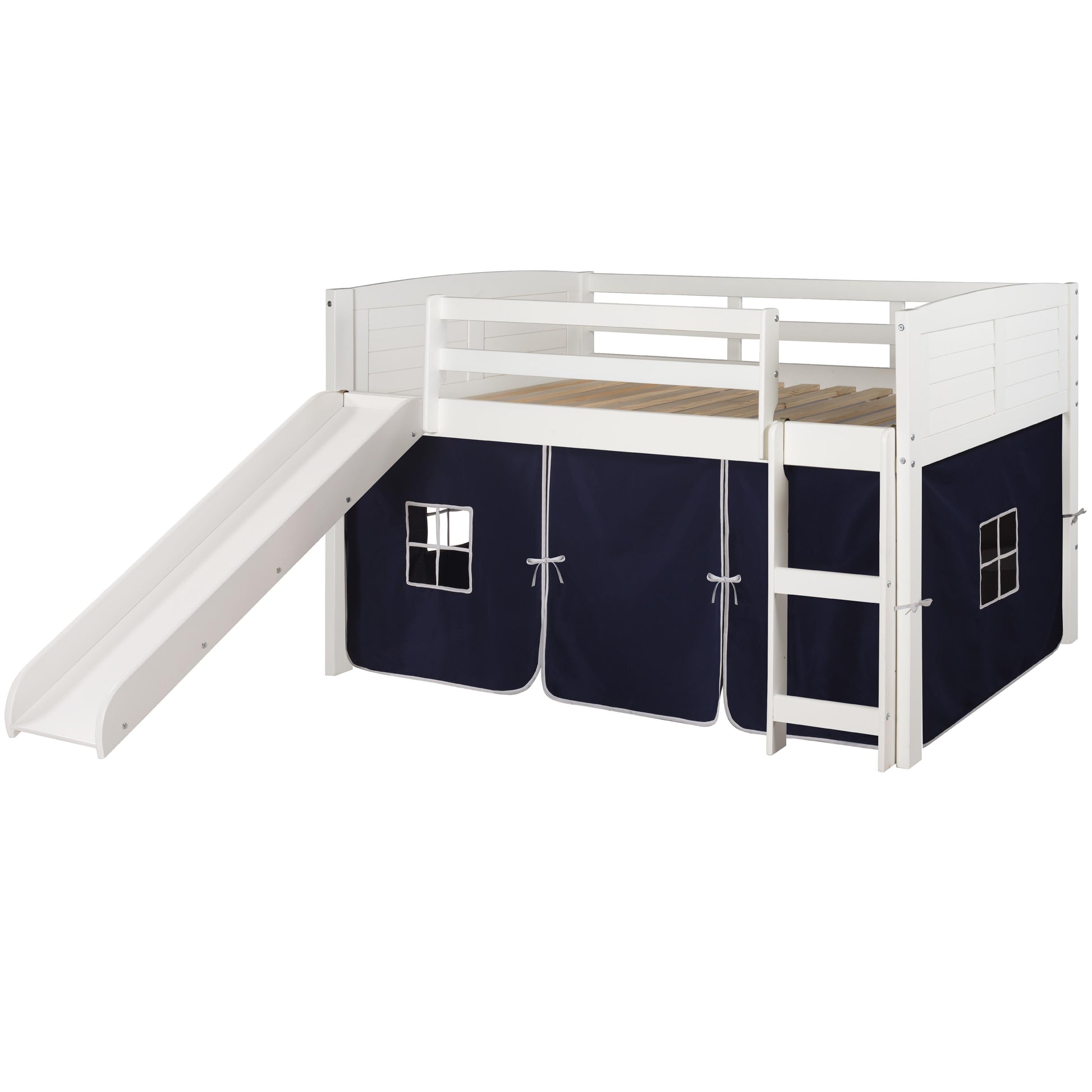  Donco Trading Company Louver 790-ATW_750C-TB_785-W Twin Low Loft Bed with Slide & Tent - White/Blue IMAGE 4