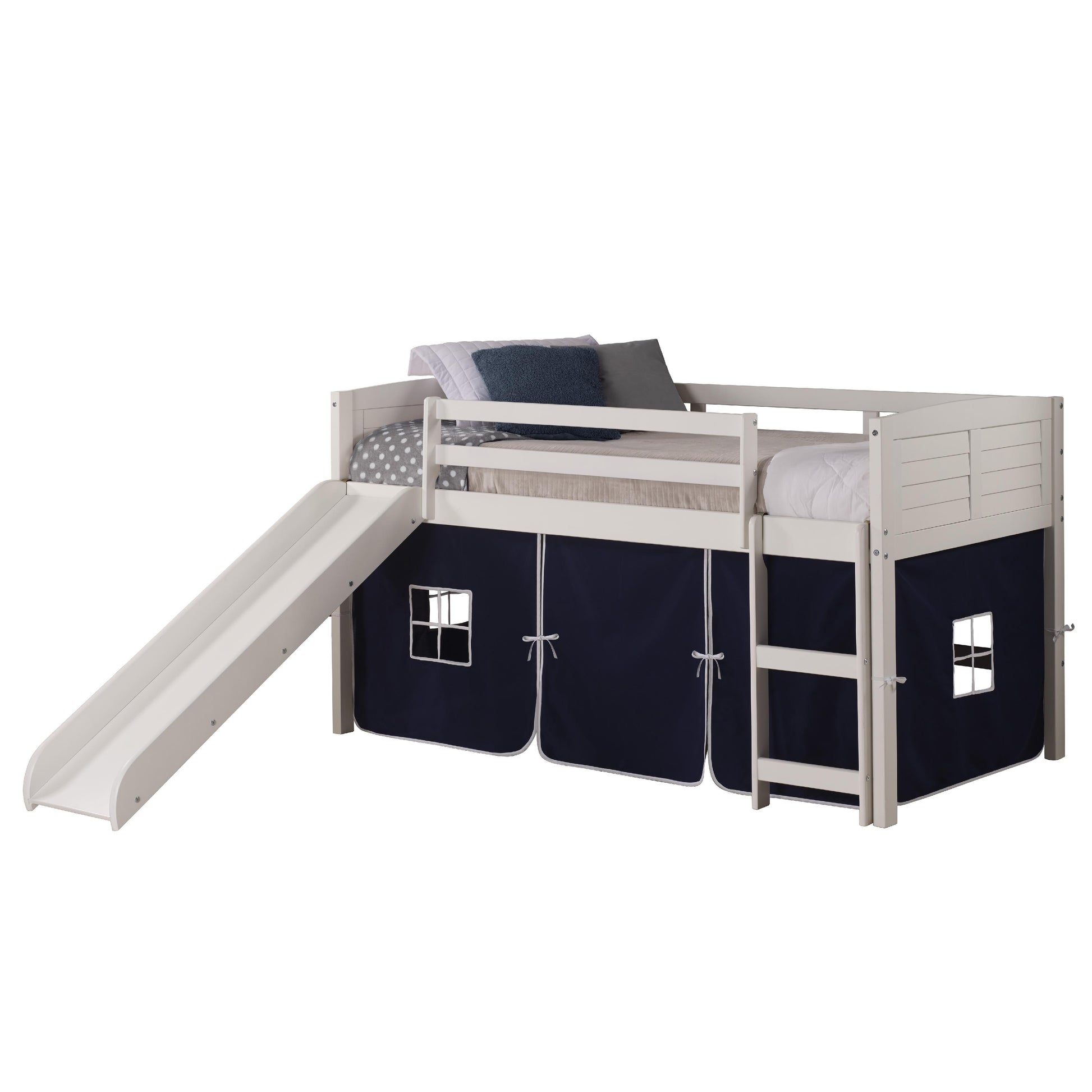  Donco Trading Company Louver 790-ATW_750C-TB_785-W Twin Low Loft Bed with Slide & Tent - White/Blue IMAGE 6