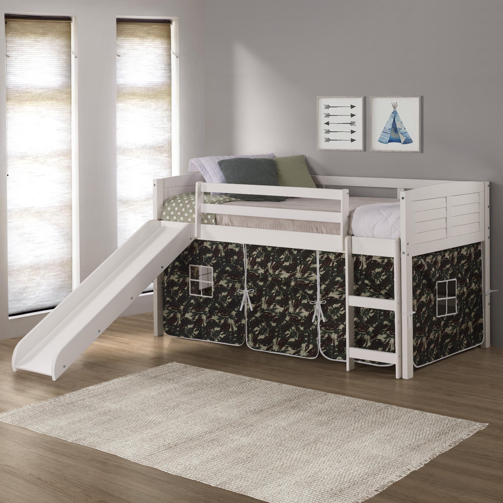  Donco Trading Company Louver 790-ATW_750C-TC_785-W Twin Low Loft Bed with Slide & Tent - White/Camo IMAGE 3