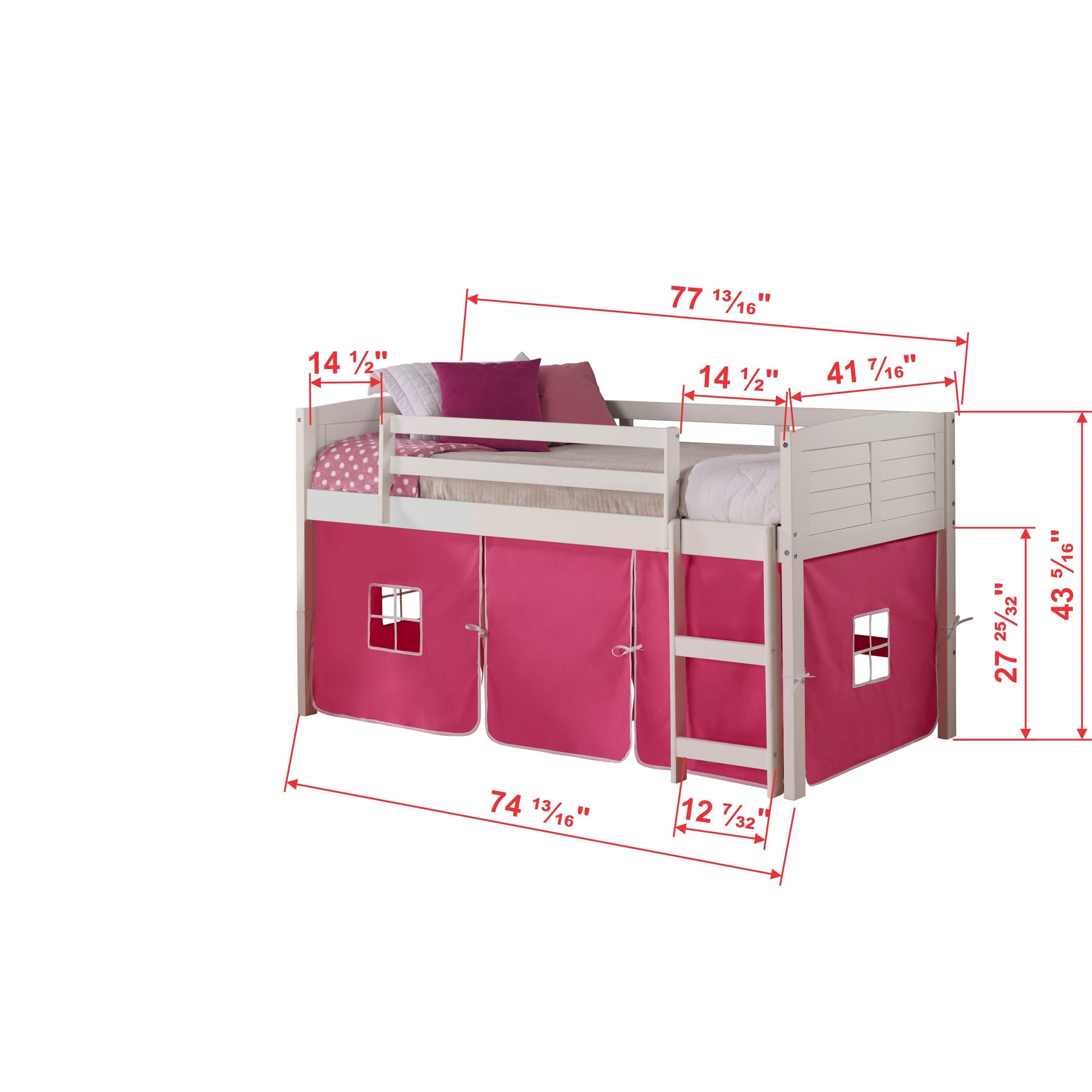  Donco Trading Company Louver 790-ATW_750C-TP Twin Low Loft Bed with Tent - White/Pink IMAGE 2