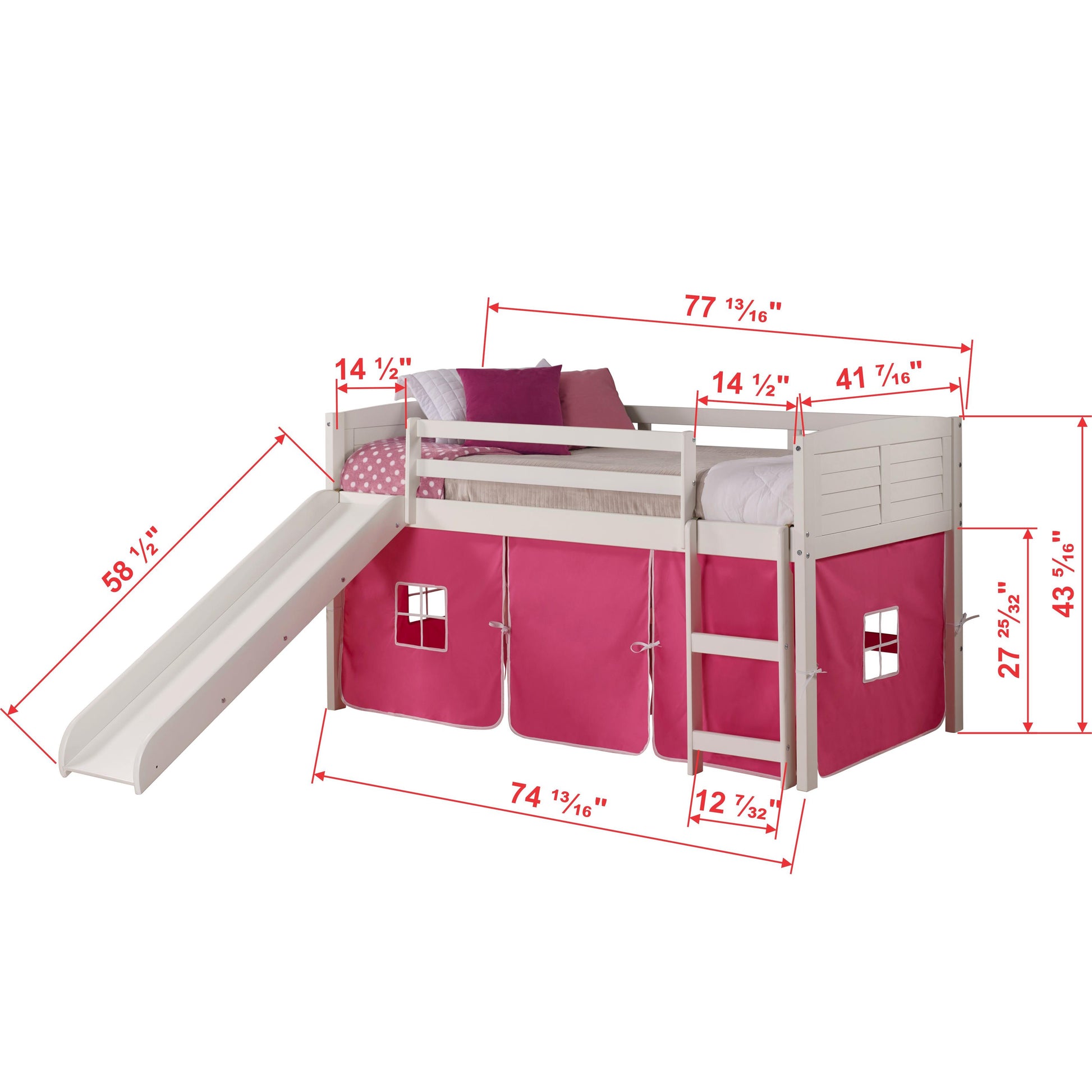  Donco Trading Company Louver 790-ATW_750C-TP_785-W Twin Low Loft Bed with Slide & Tent - White/Pink IMAGE 2