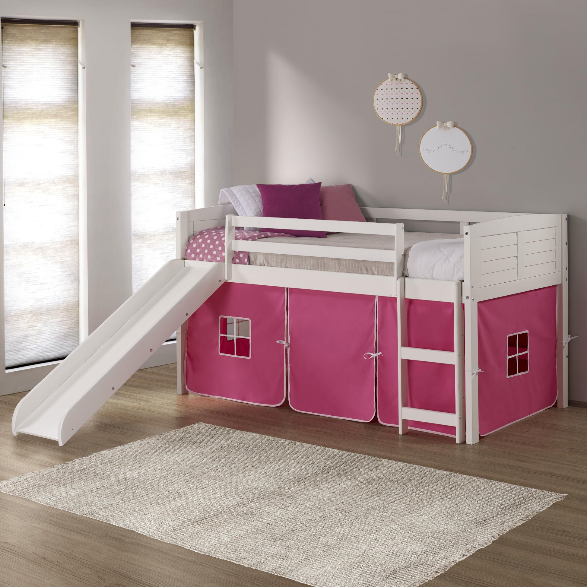  Donco Trading Company Louver 790-ATW_750C-TP_785-W Twin Low Loft Bed with Slide & Tent - White/Pink IMAGE 3