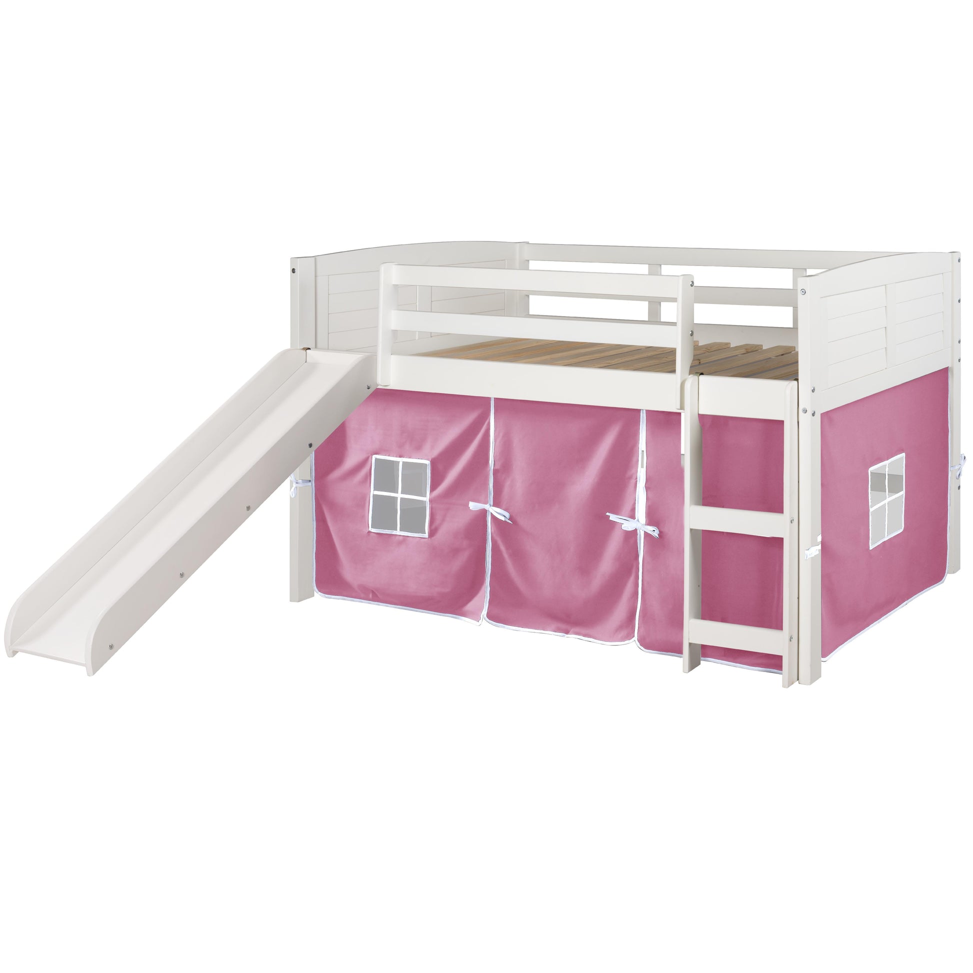  Donco Trading Company Louver 790-ATW_750C-TP_785-W Twin Low Loft Bed with Slide & Tent - White/Pink IMAGE 4