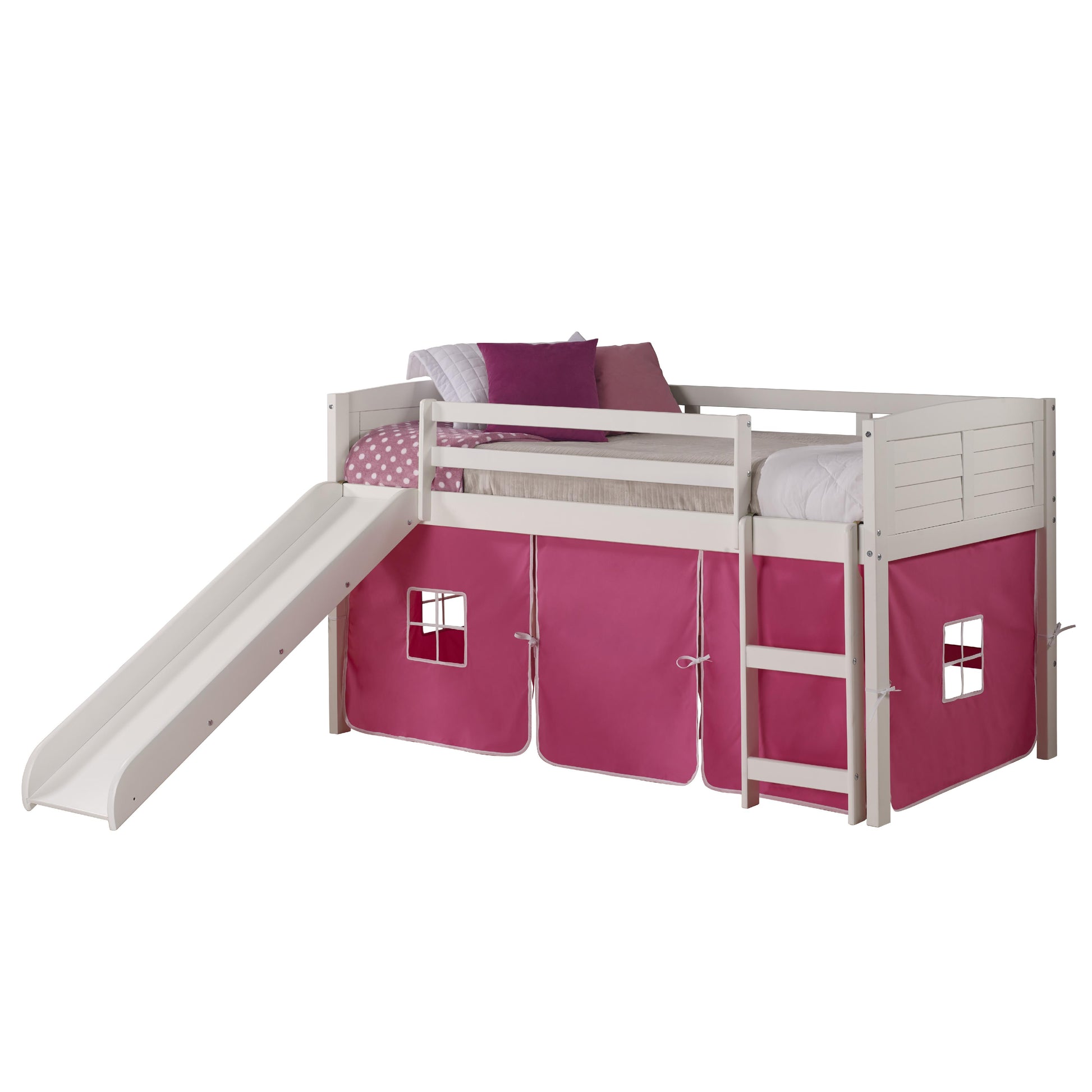  Donco Trading Company Louver 790-ATW_750C-TP_785-W Twin Low Loft Bed with Slide & Tent - White/Pink IMAGE 6