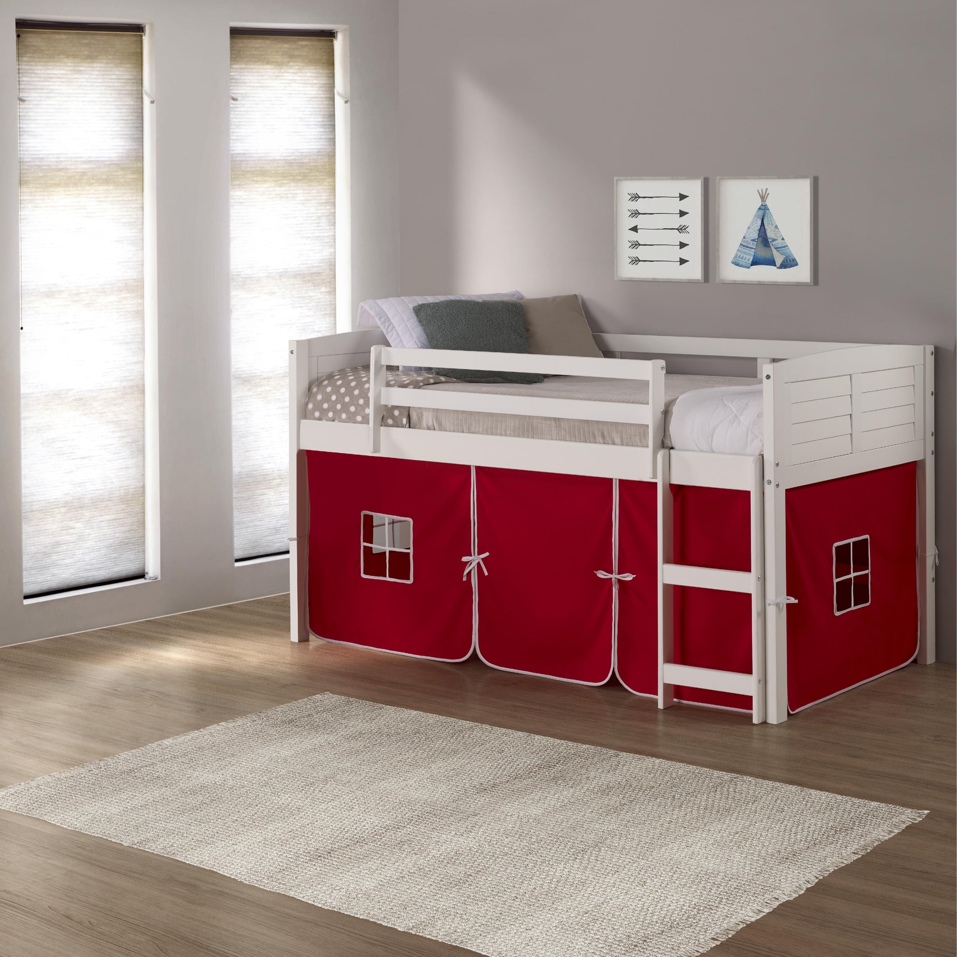  Donco Trading Company Louver 790-ATW_750C-TR Twin Low Loft Bed with Tent - White/Red IMAGE 3