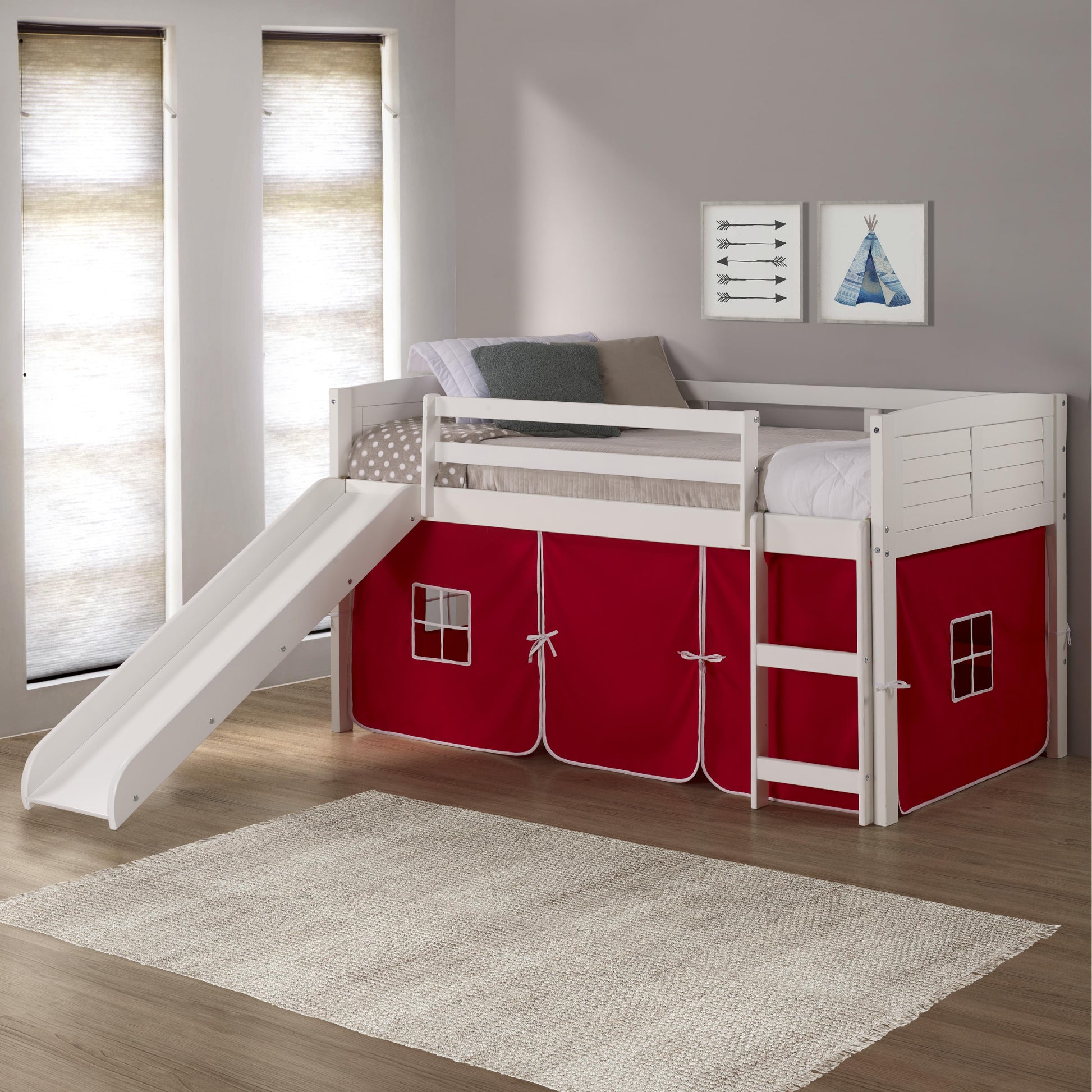  Donco Trading Company Louver 790-ATW_750C-TR_785-W Twin Low Loft Bed with Slide & Tent - White/Red IMAGE 3
