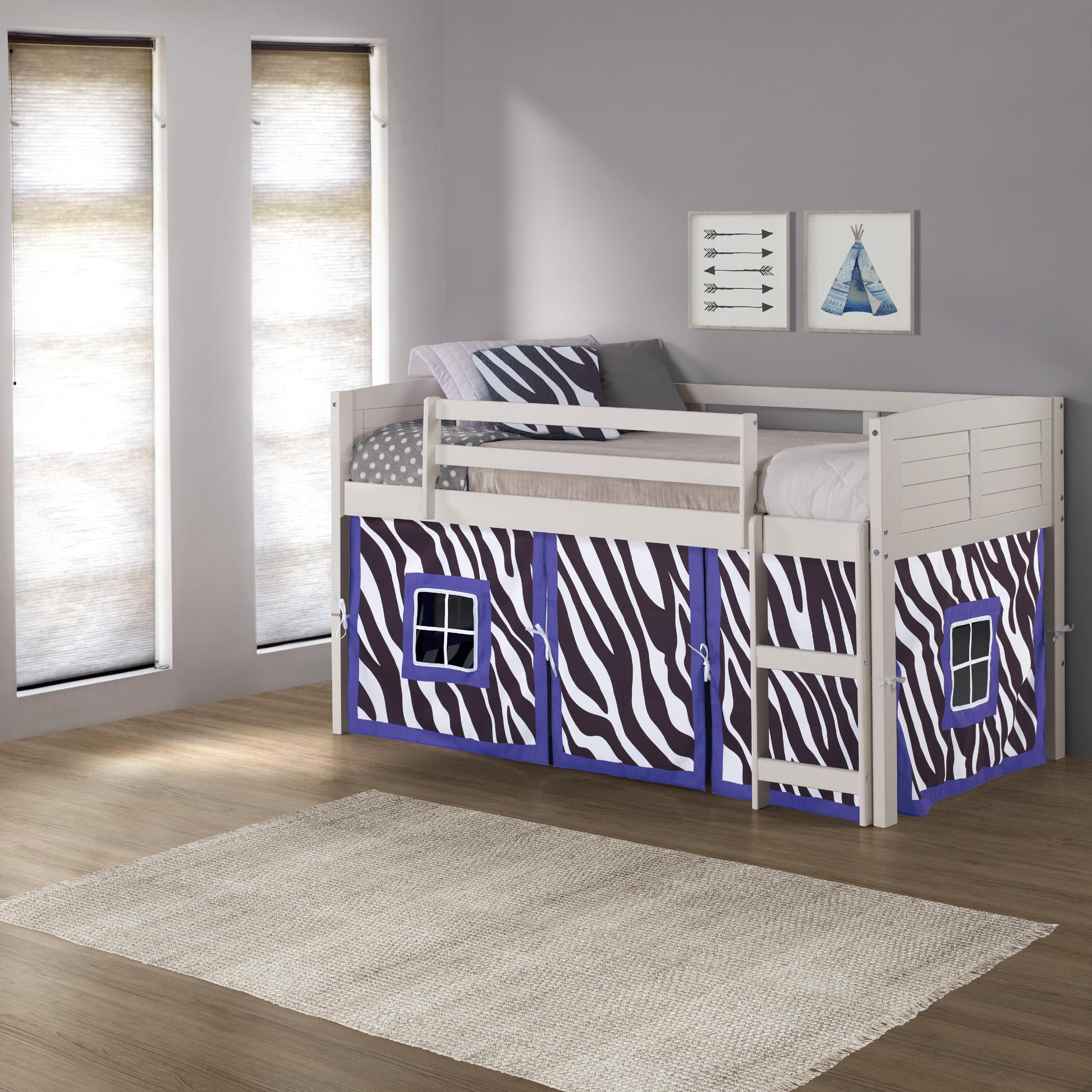  Donco Trading Company Louver 790-ATW_750C-TZ Twin Low Loft Bed with Tent - White/Zebra IMAGE 3