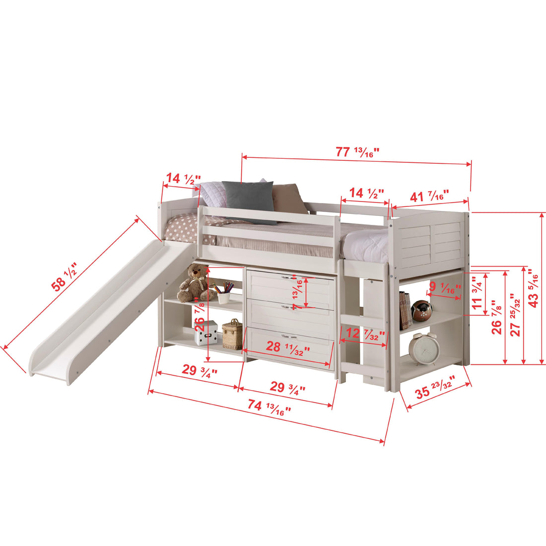  Donco Trading Company Louver 790-TW-B_785-W Twin Modular Low Loft Bed with Slide - Group B - White IMAGE 1