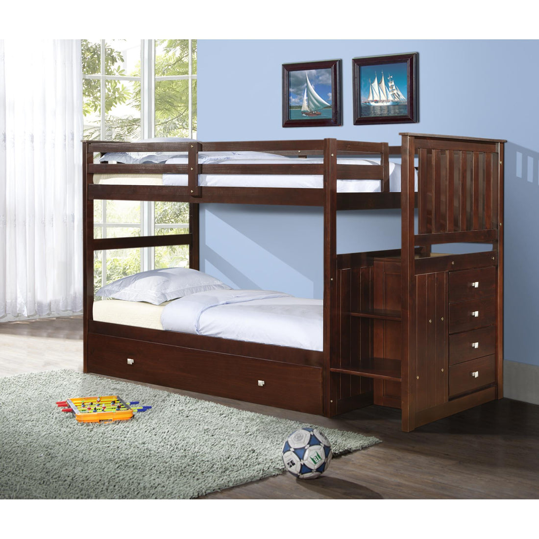  Donco Trading Company Mariner Mission 820-TTCP_503-CP Twin over Twin Stairway Bunkbed with Twin Trundle - Dark Cappuccino IMAGE 1