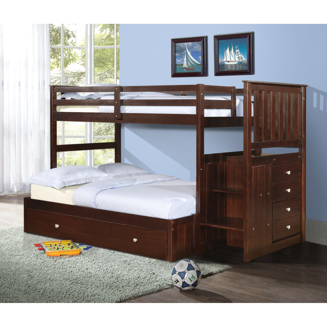  Donco Trading Company Mariner Mission 820-TTCP_800E-CP_503-CP Twin/Full Stairway Bunkbed w/ Twin Trundle - Dark Cappuccino IMAGE 1