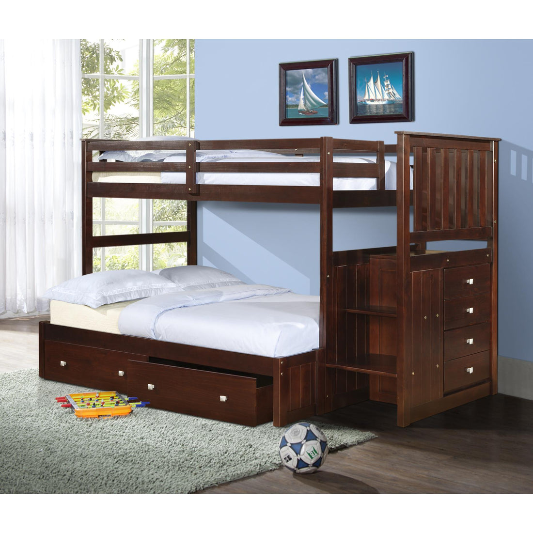  Donco Trading Company Mariner Mission 820-TTCP_800E-CP_505-CP Twin/Full Stairway Bunkbed w/ Drawers - Dark Cappuccino IMAGE 1