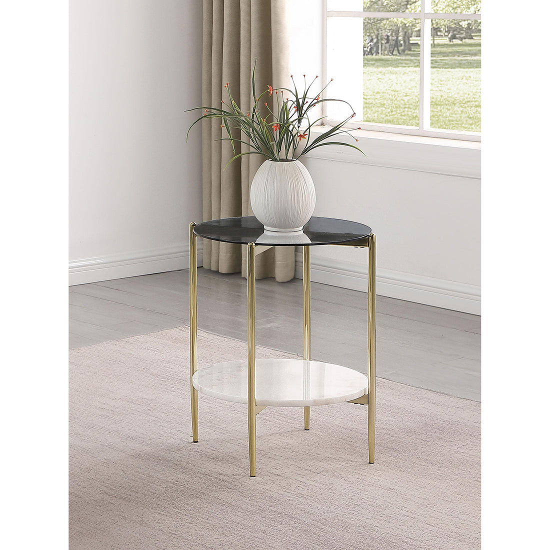  Coaster Furniture Jonelle 710337 Round Glass Top End Table - White Marble Shelf Gold IMAGE 1
