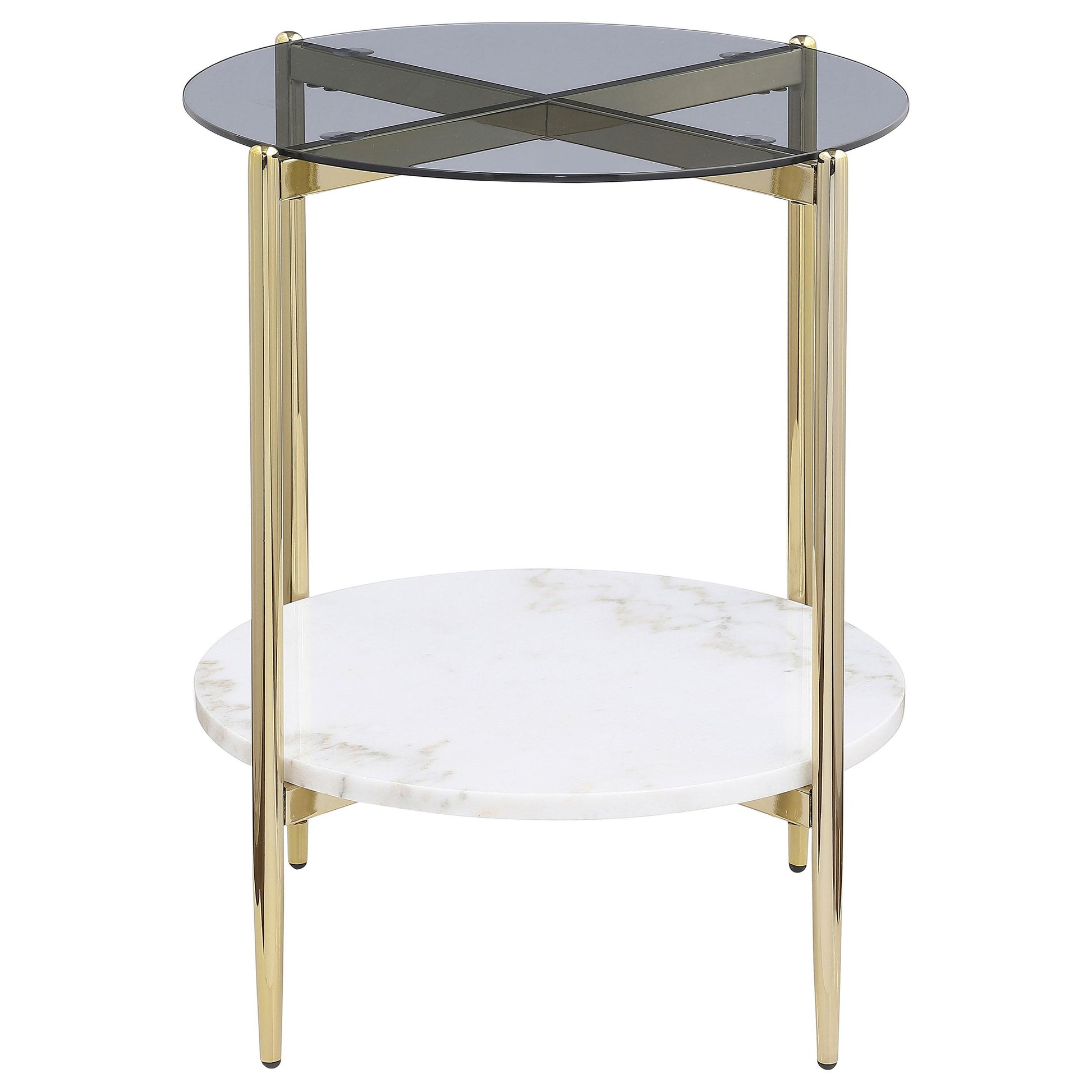  Coaster Furniture Jonelle 710337 Round Glass Top End Table - White Marble Shelf Gold IMAGE 3