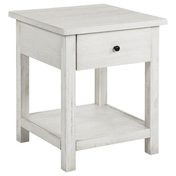  Coaster Furniture Payne 710557 1-Drawer Wood End Table with Shelf - Distressed White IMAGE 1