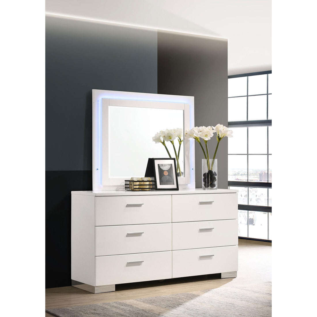  Coaster Furniture Felicity 203503ML 6-Drawer Dresser with LED Mirror - White High Gloss IMAGE 1