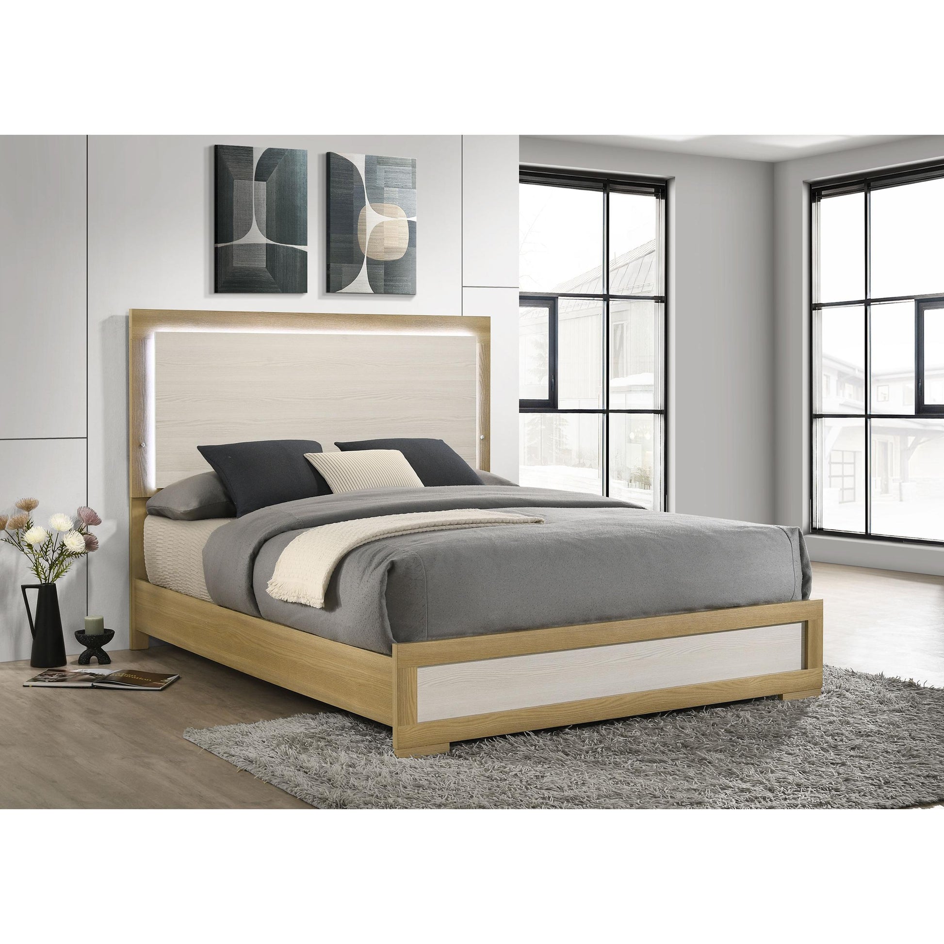  Size_Queen  -- Hyland 215651Q Wood Queen LED Panel Bed - Natural and White IMAGE 2
