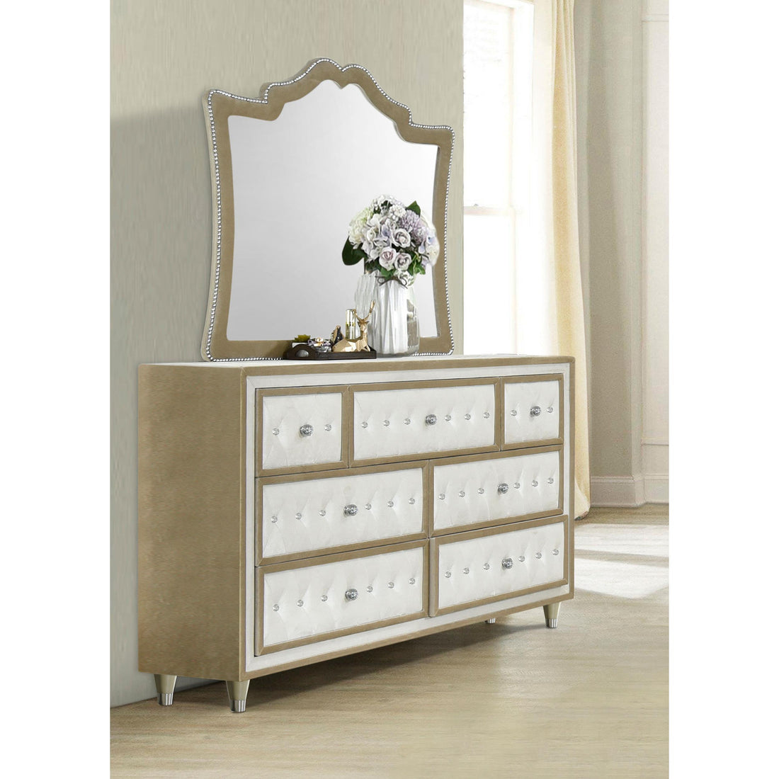  Coaster Furniture Antonella 223523M 7-Drawer Upholstered Dresser with Mirror - Ivory IMAGE 1