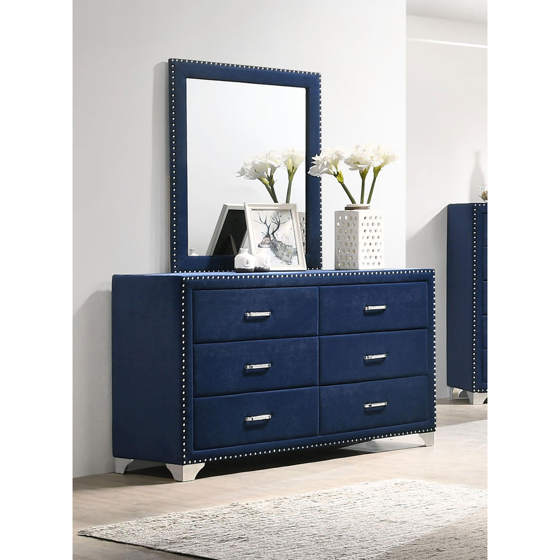  Coaster Furniture Melody 223373M 6-Drawer Upholstered Dresser with Mirror - Pacific Blue IMAGE 1