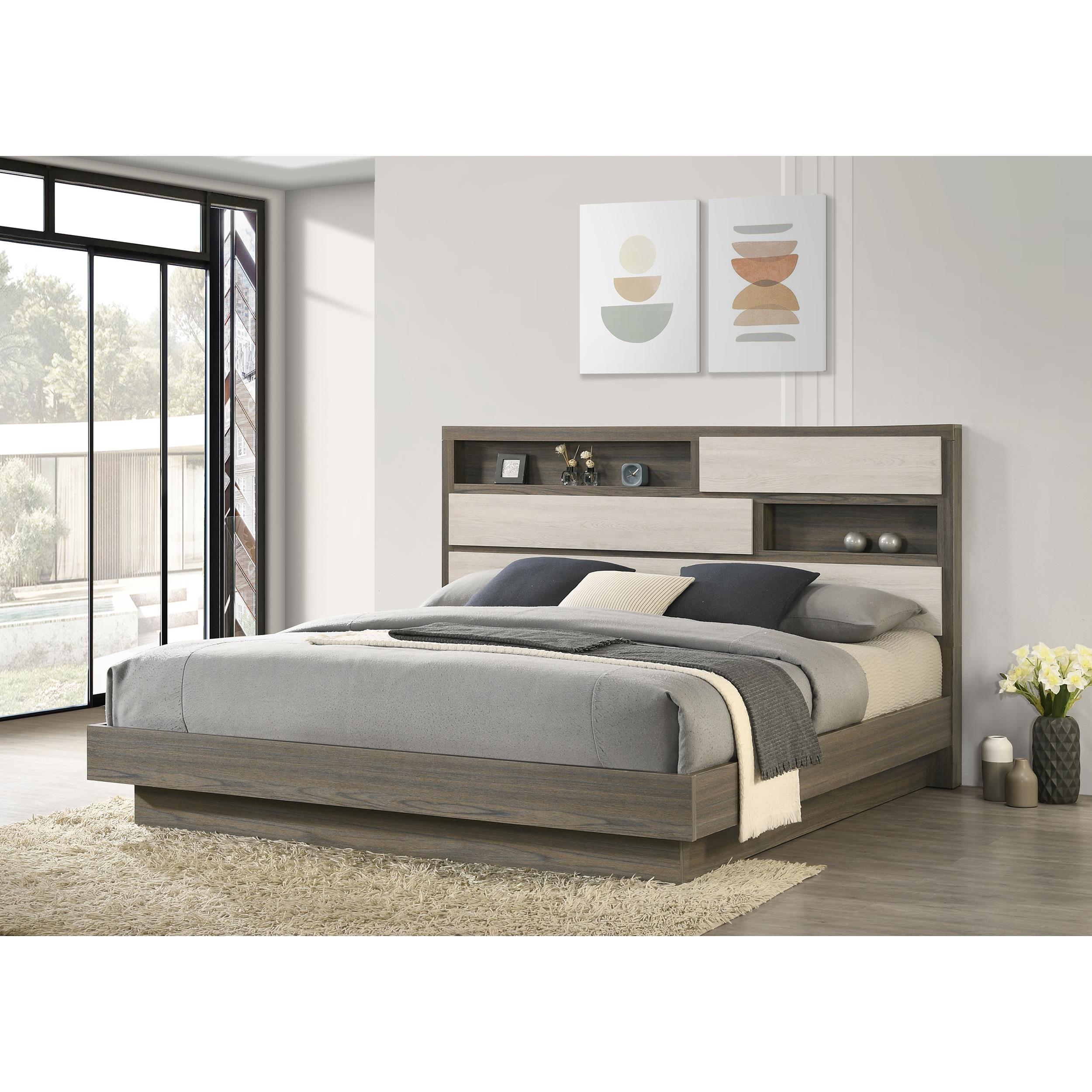  Size_King  -- Fenwick 224981KE Eastern King Bed Bookcase Headboard - Grey Oak IMAGE 6