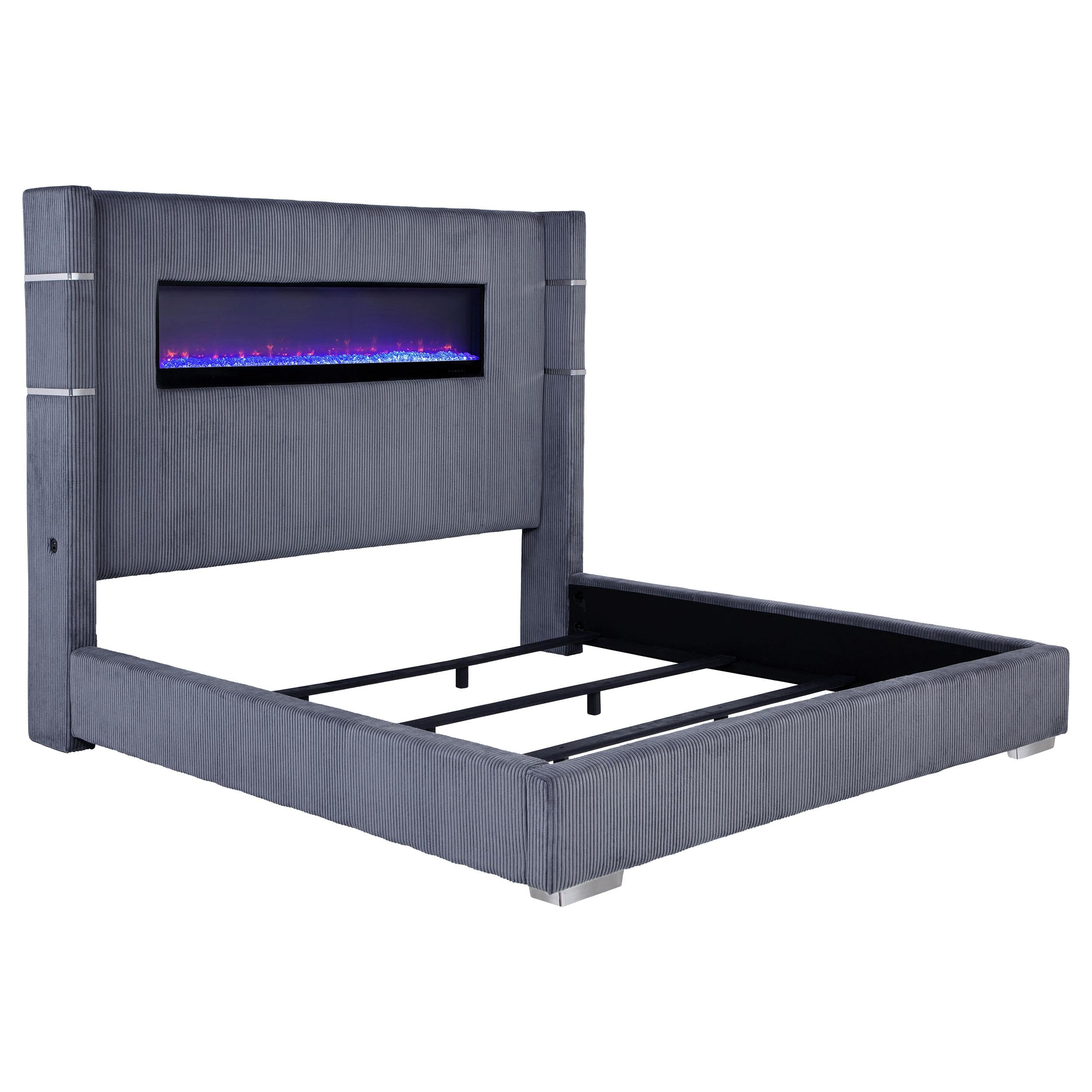  Size_King  -- Tisdall 306030KE Upholstered Eastern King Flame Visualizer Bed - Grey IMAGE 1