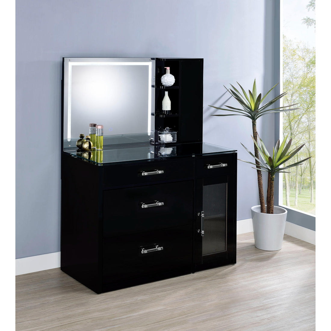  Coaster Furniture Flora 930219 2-drawer Vanity Set with LED Mirror - Black High Gloss IMAGE 1