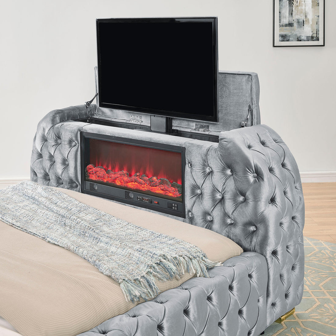  Size_Queen  -- Natalia 5115GY-Q Queen Bed with Fireplace and TV Lift - Grey IMAGE 3