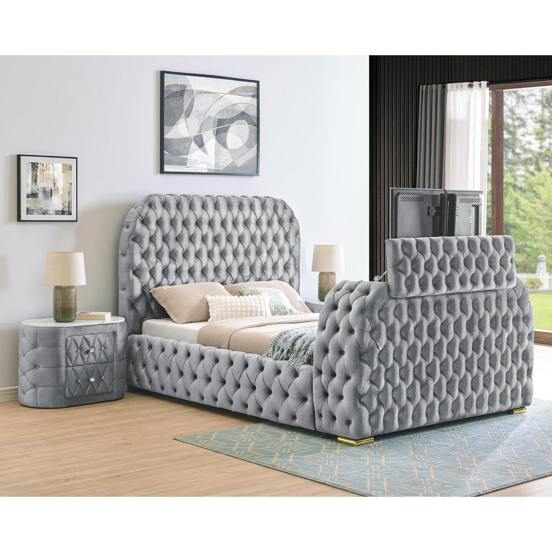  Size_Queen  -- Natalia 5115GY-Q Queen Bed with Fireplace and TV Lift - Grey IMAGE 3