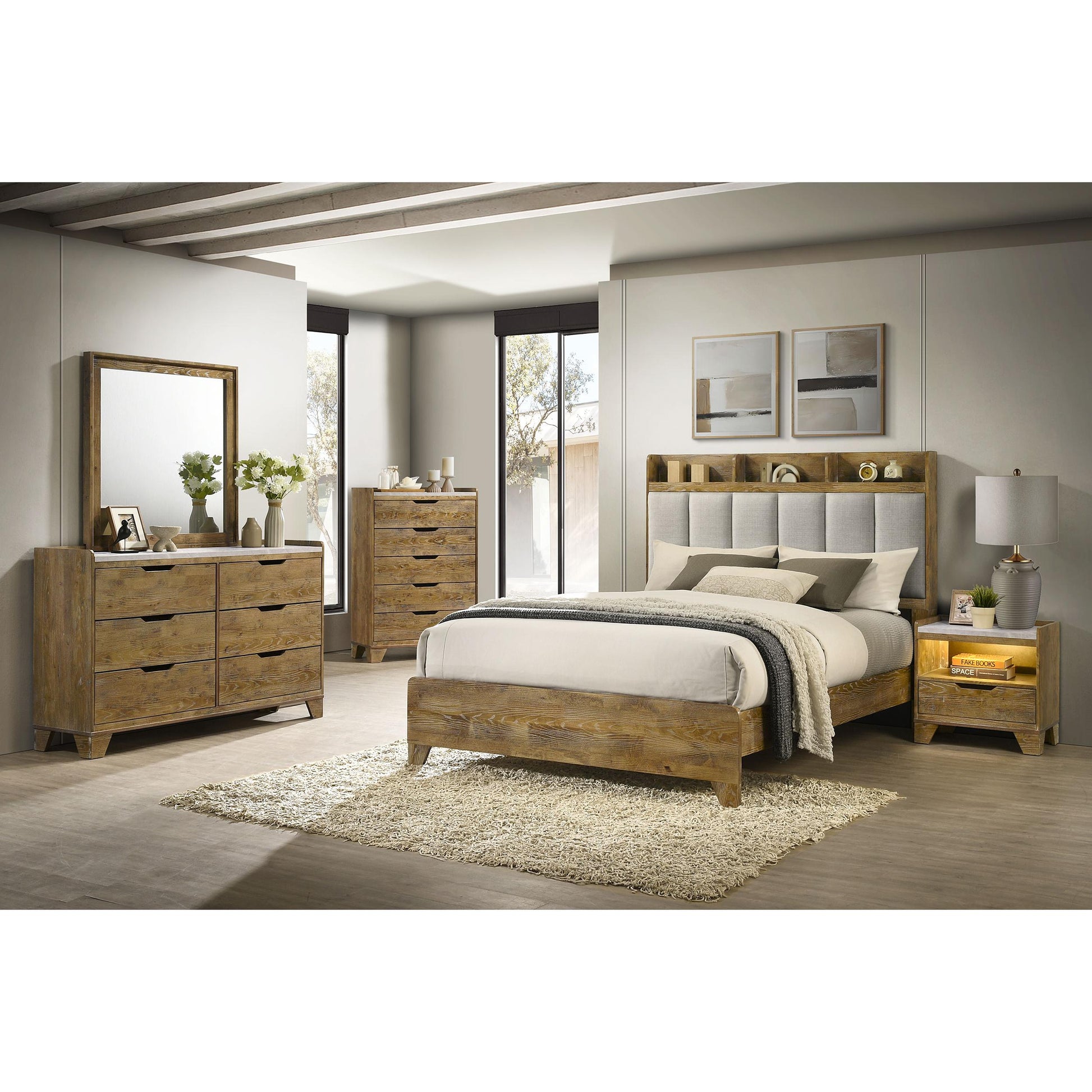  Size_Queen  -- Henderson 222971Q 57-inch Eastern Queen Bookcase Panel Bed - Medium Oak IMAGE 7