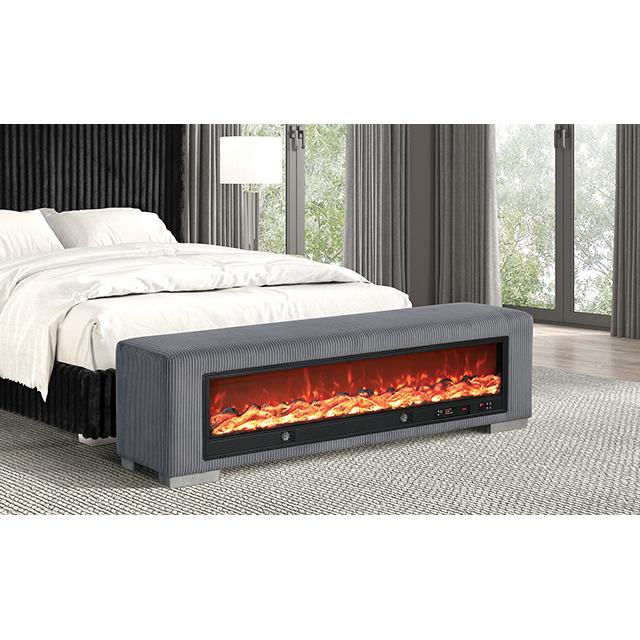  Furniture of America Elnath FM-BN6001GY Bench with Visual Wood Log Fireplace IMAGE 1
