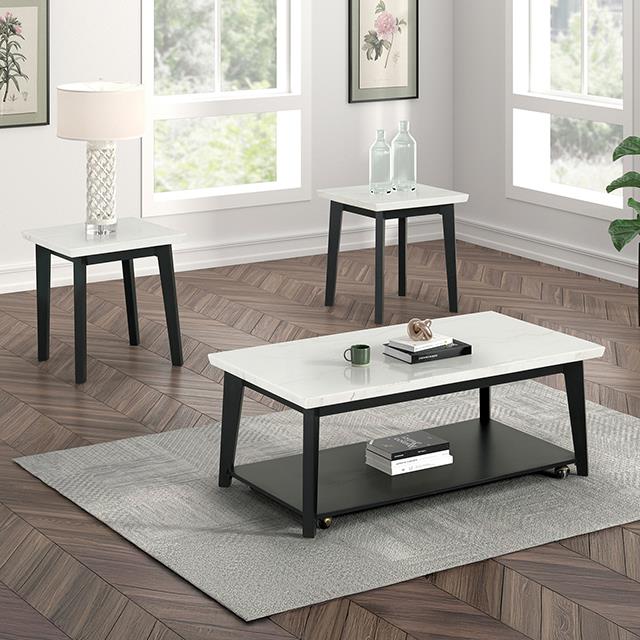  Furniture of America Thisted FM44002WH-CR Rectangle Marble Coffee Table with Casters IMAGE 1