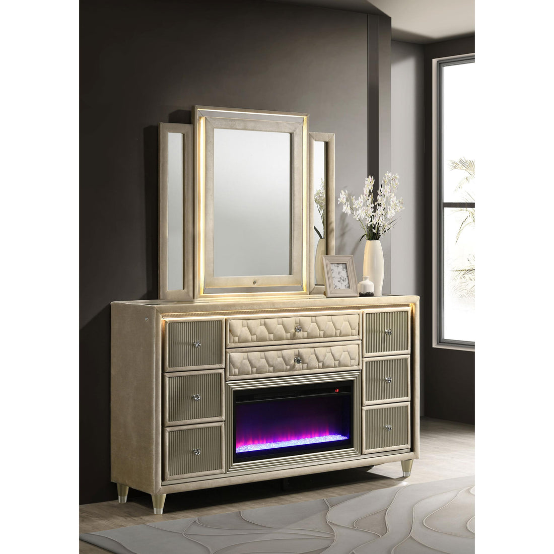  Coaster Furniture Lorient 222663FBM 8-drawer LED Flame Box Dresser and Mirror - Ivory Camel IMAGE 1