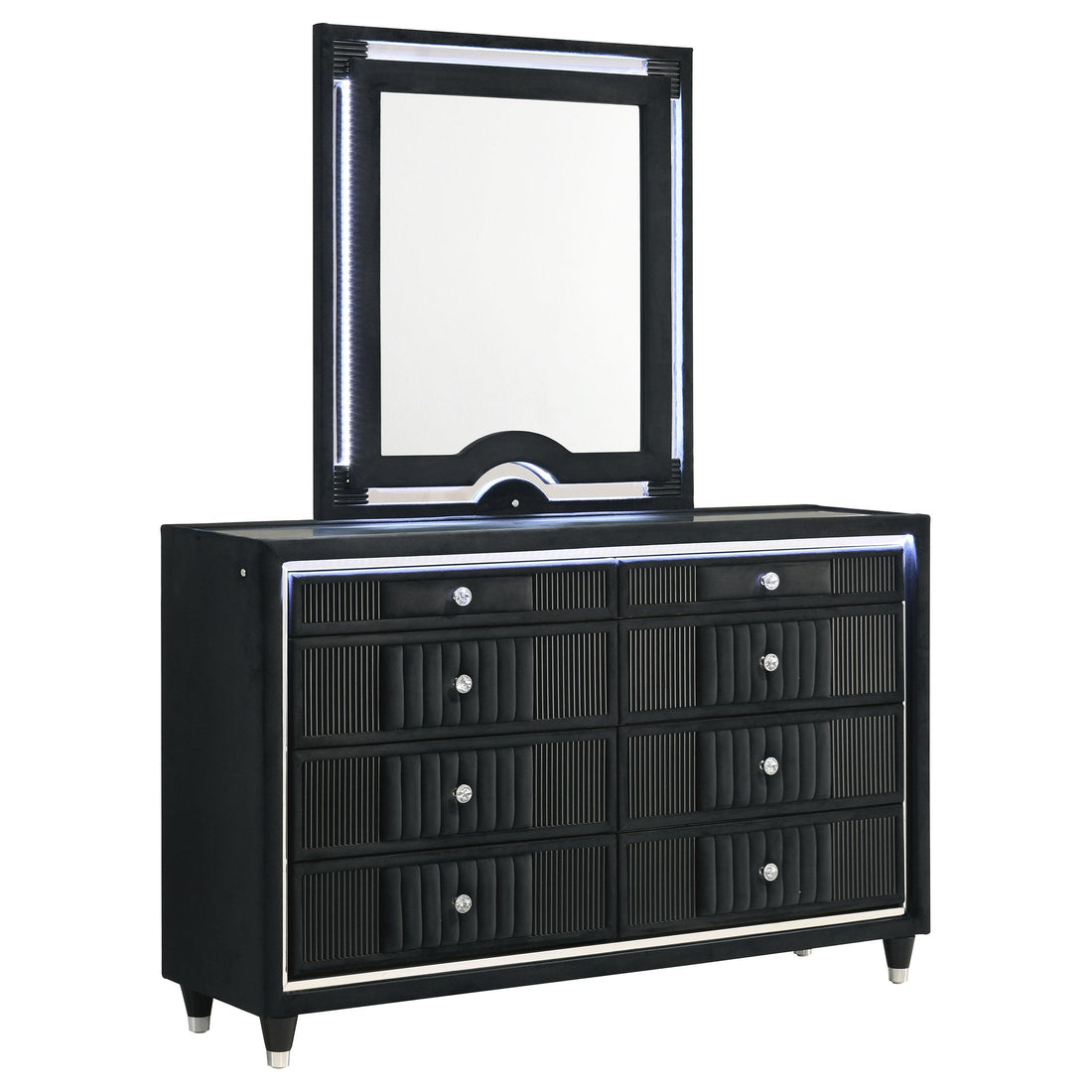  Coaster Furniture Ravenne 223193M 8-drawer Velvet Upholstered LED Dresser and Mirror - Black IMAGE 1