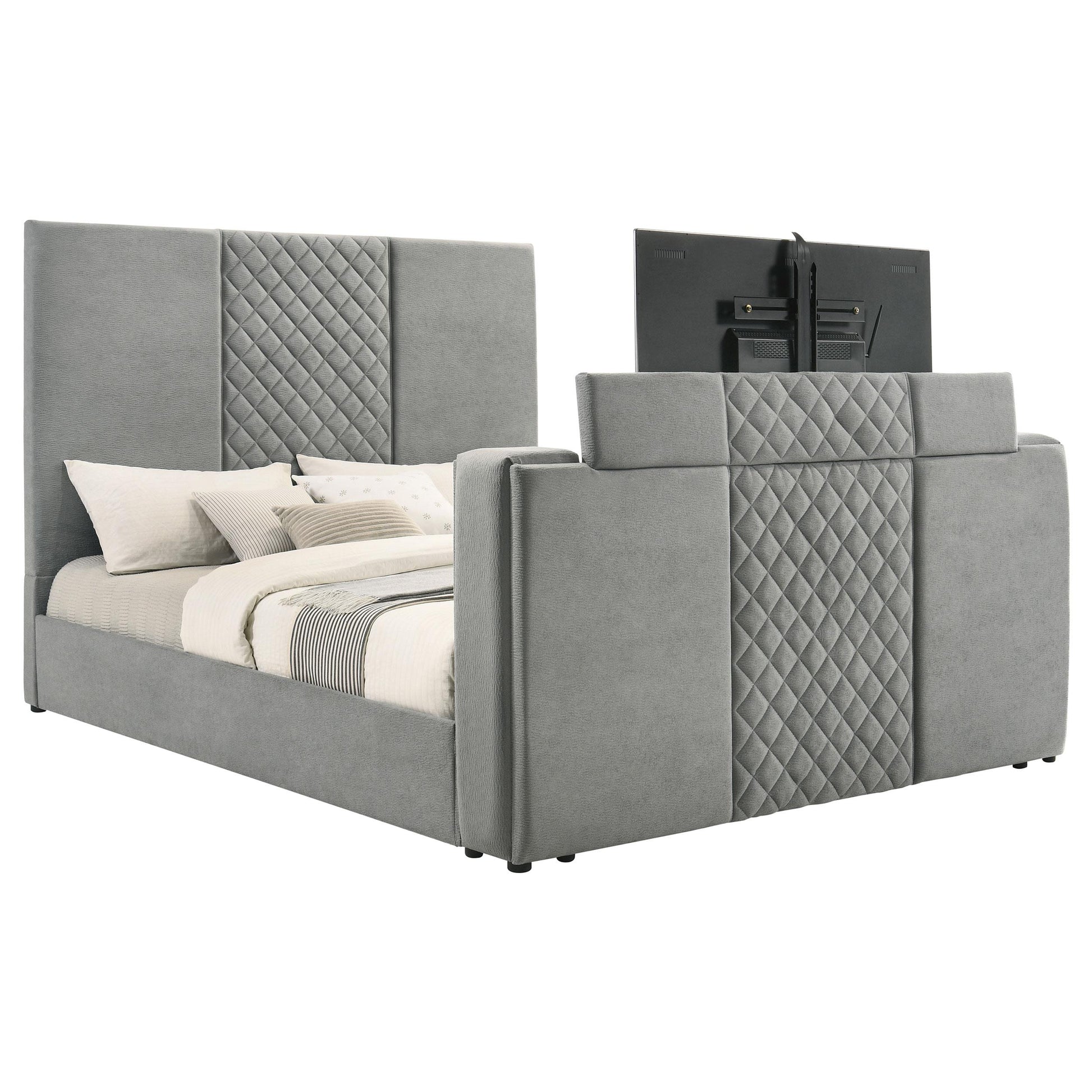  Coaster Furniture Tara 315994KE 61-inch Upholstered Eastern King Panel TV Bed - Grey IMAGE 1
