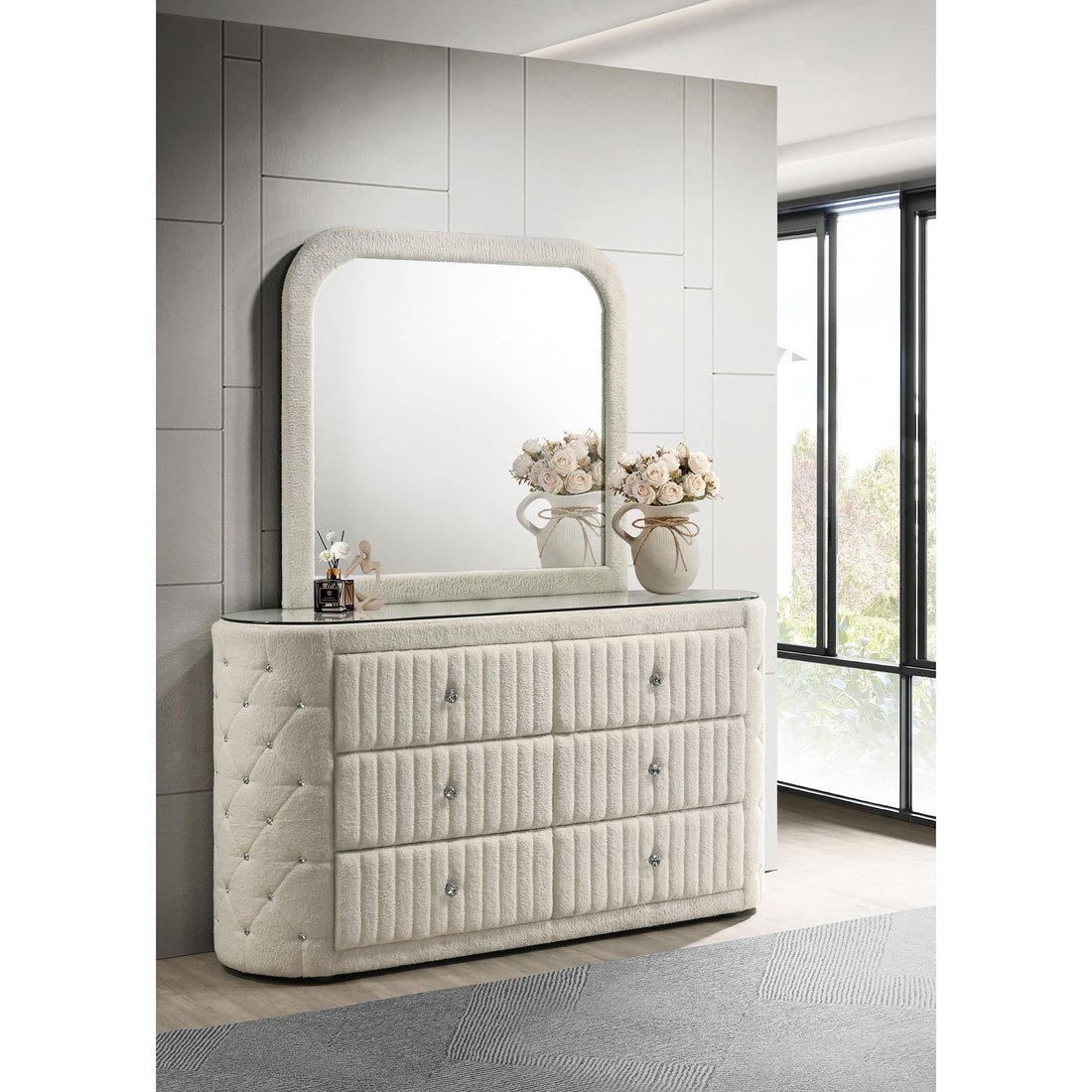  Coaster Furniture Sonya 360113M 6-drawer Upholstered Bedroom Dresser with Mirror - Ivory IMAGE 1