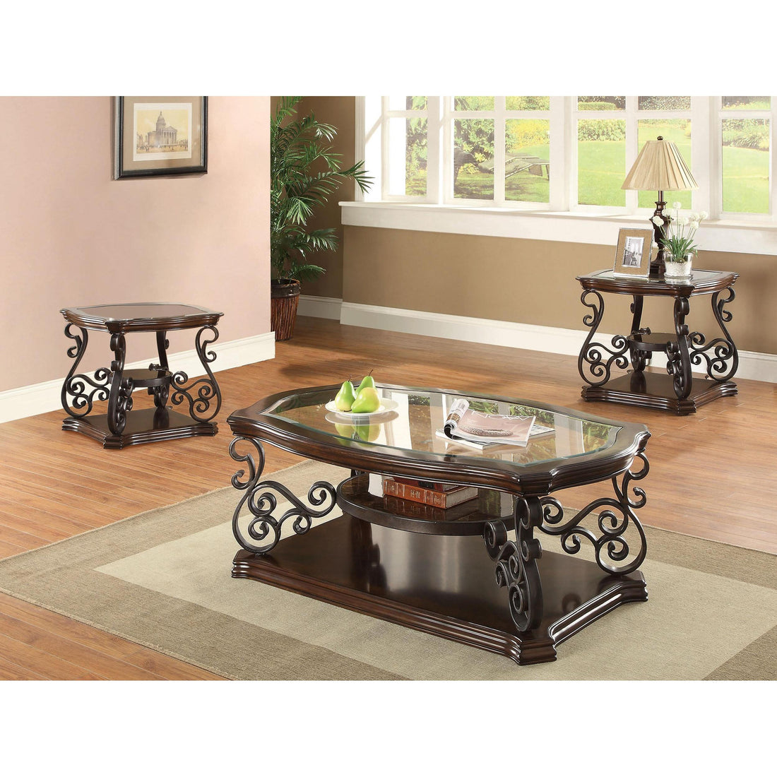 Coaster Furniture Laney 702448-S3 3-piece Glass Top Coffee and End Table Set - Dark Merlot IMAGE 1