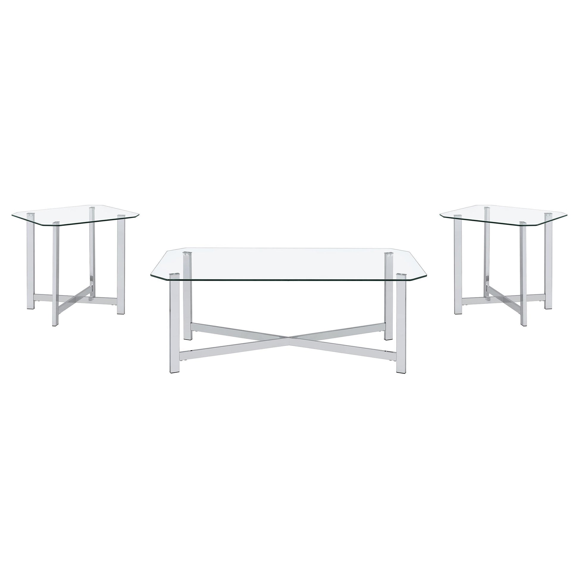  Coaster Furniture Cronin 706568-S3 3-piece Tempered Glass Top Coffee Table Set - Chrome IMAGE 1