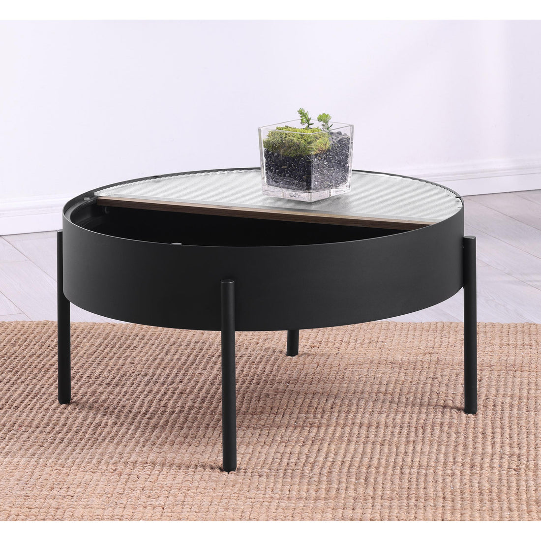  Coaster Furniture Ozella 707898 Round Coffee Table with Hidden Storage - Sandy Black IMAGE 1