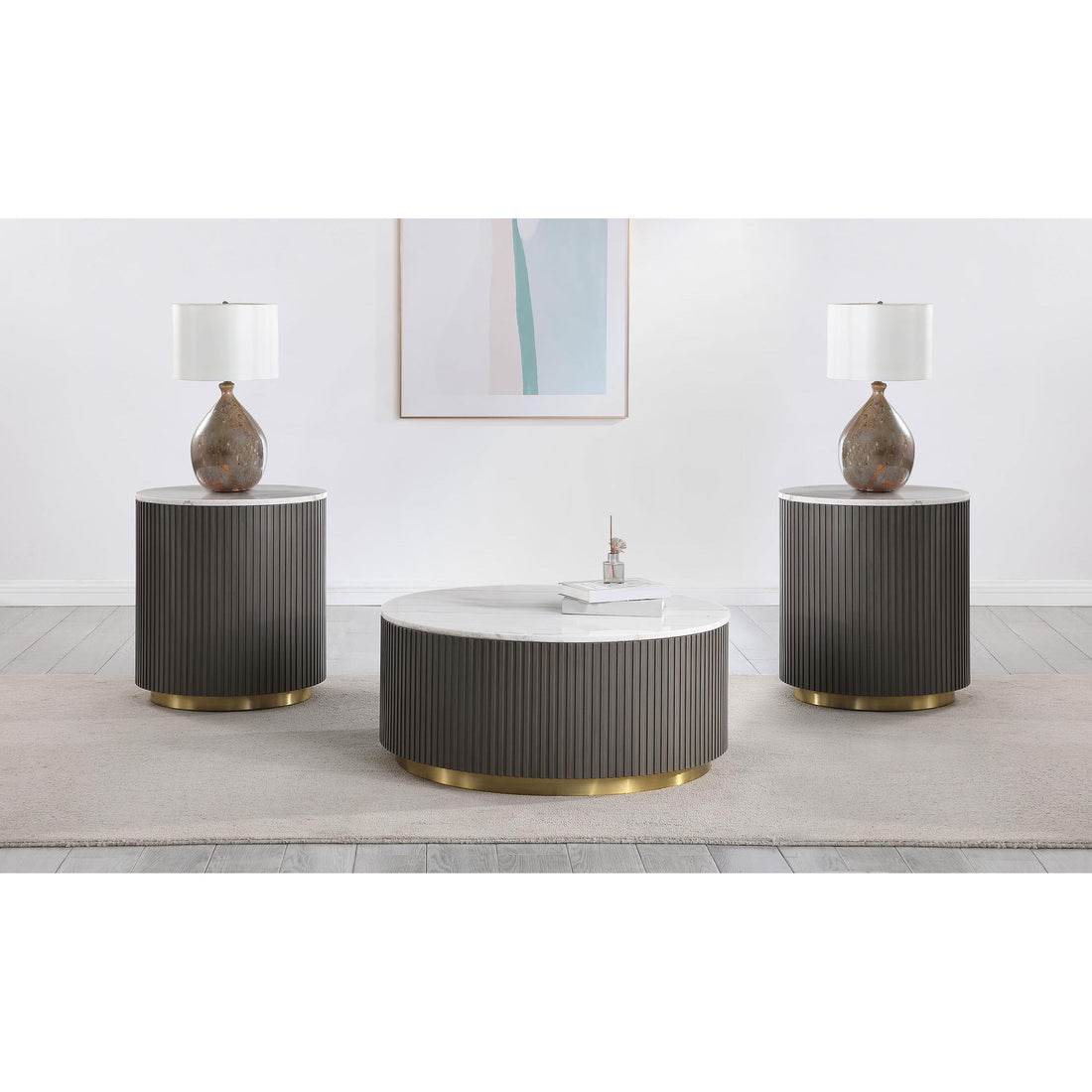  Coaster Furniture Jason 710418-S3 3-piece Round White Marble Coffee Table Set - Charcoal IMAGE 1