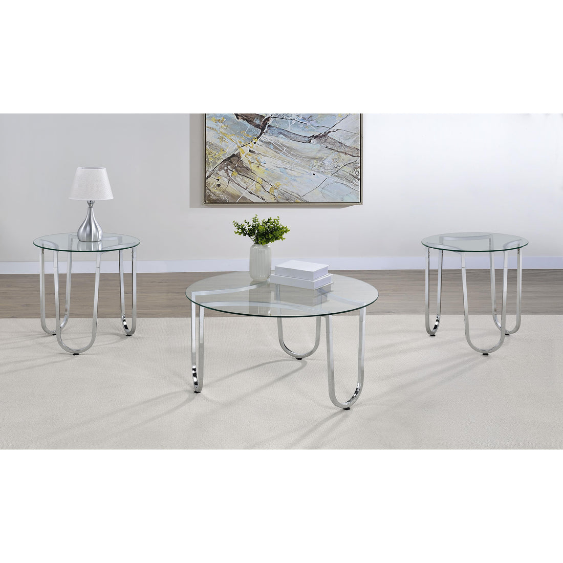  Coaster Furniture Beller 710908-S3 3-piece Round Tempered Glass Top Coffee Table Set - Chrome IMAGE 1