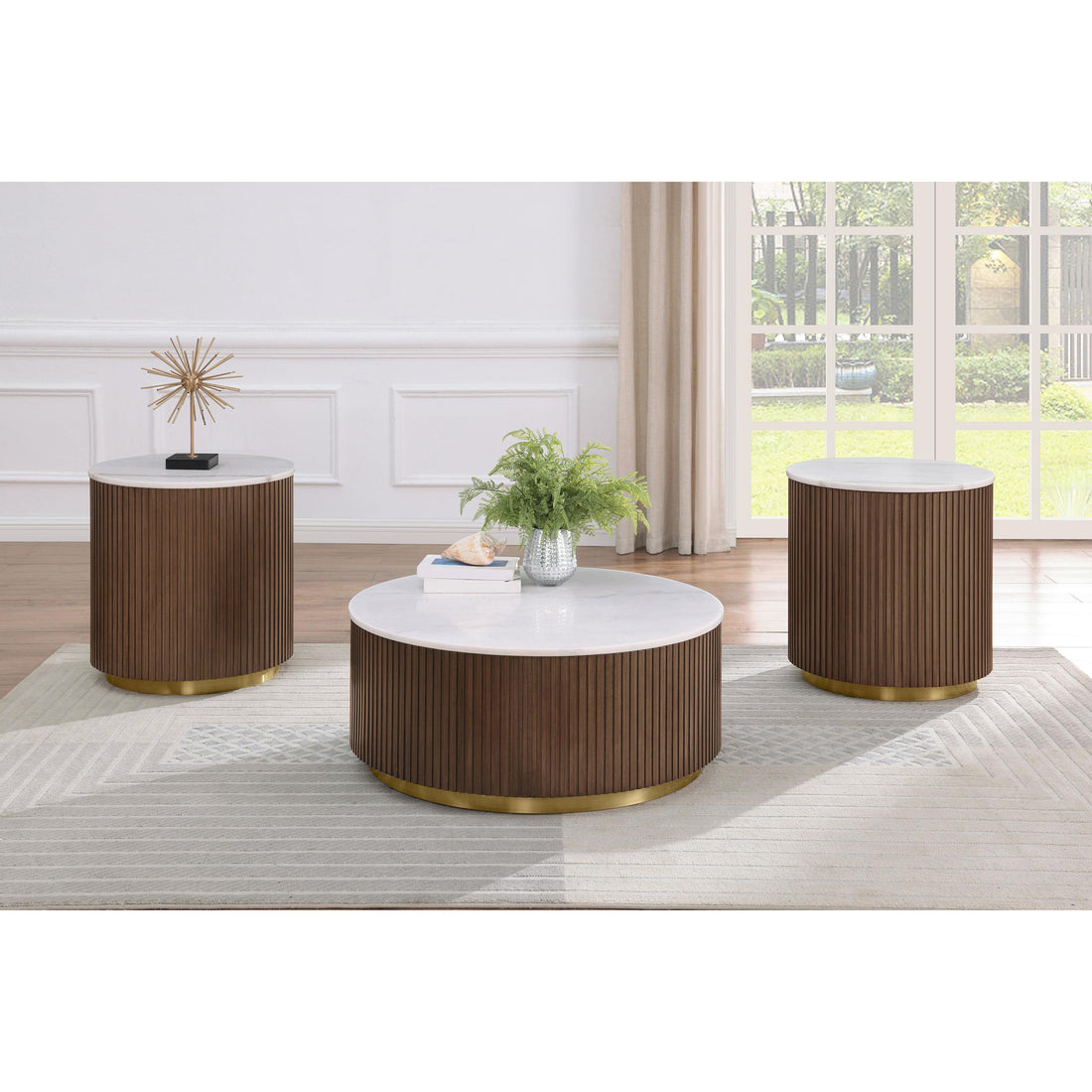  Coaster Furniture Jason 712418-S3 3-piece Round White Marble Coffee Table Set - Honey Brown IMAGE 1