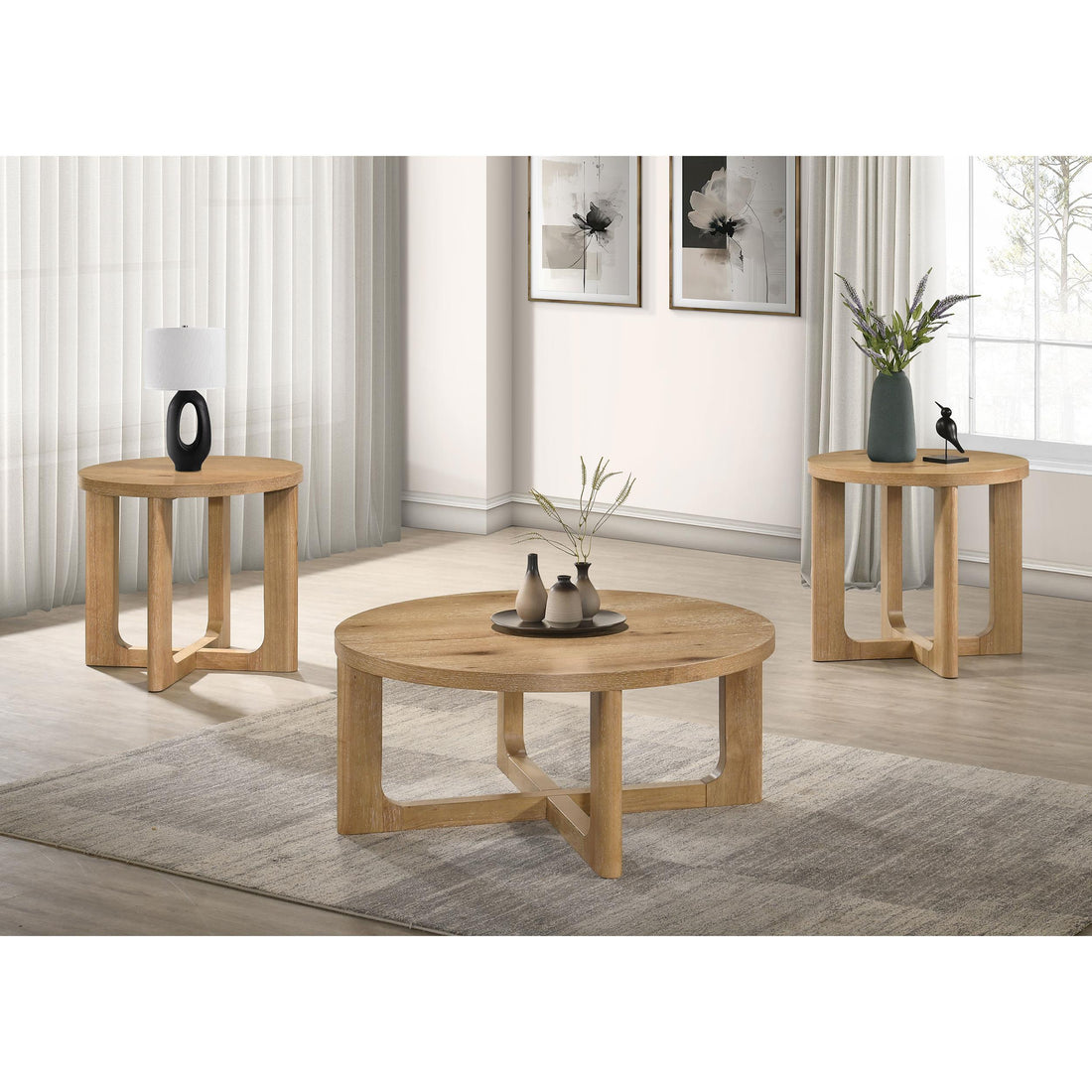  Coaster Furniture Kessler 735988-S3 3-piece Round Sculptural Wood Coffee Table Set - Light Oak IMAGE 1
