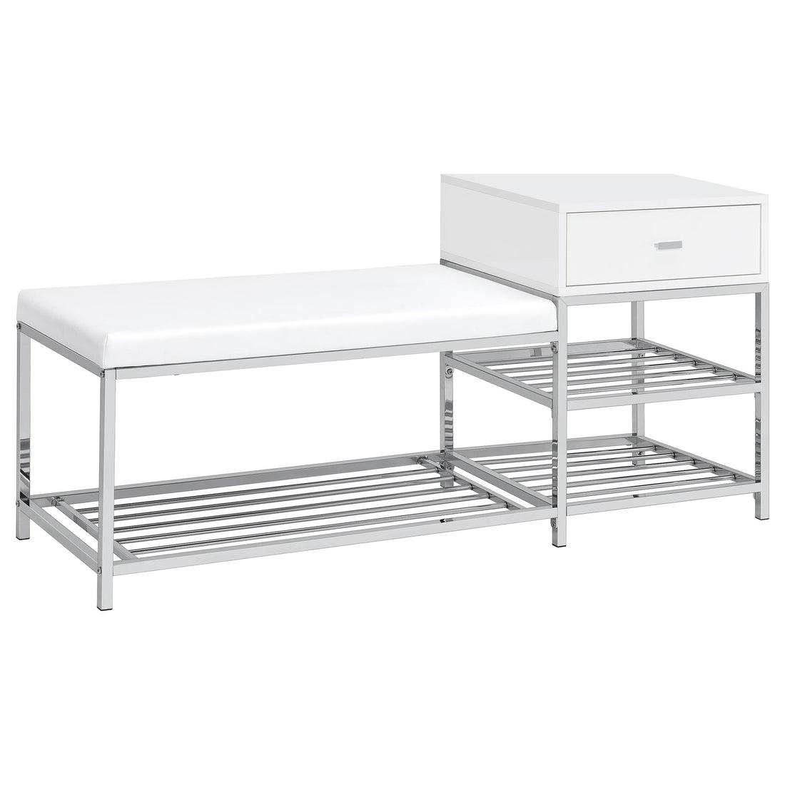  Coaster Furniture Siega 910223 1-Drawer Shoe Storage Entryway Bench - White High Gloss/Chrome IMAGE 1