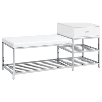 Coaster Furniture Siega 910223 1-Drawer Shoe Storage Entryway Bench - White High Gloss/Chrome IMAGE 1