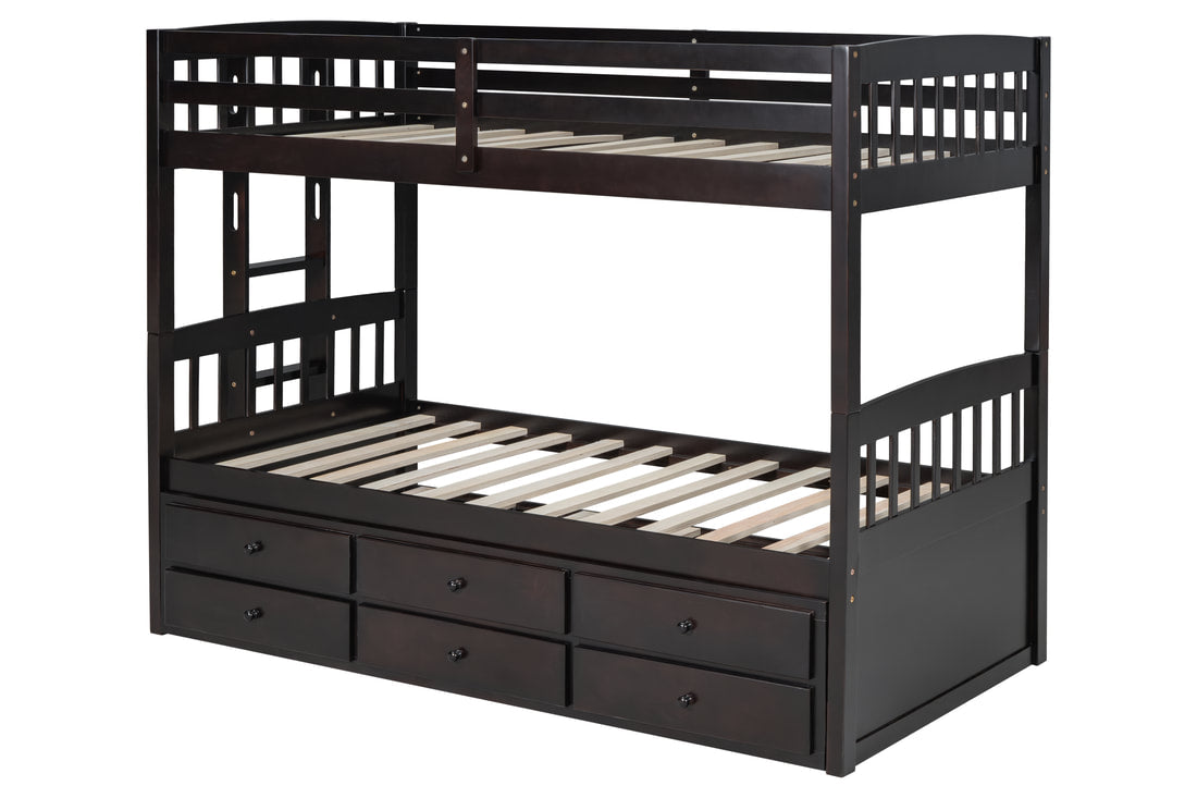 EMPIRE TWIN/TWIN Bunk Bed w/Twin Trundle + 3 Drawers Espresso